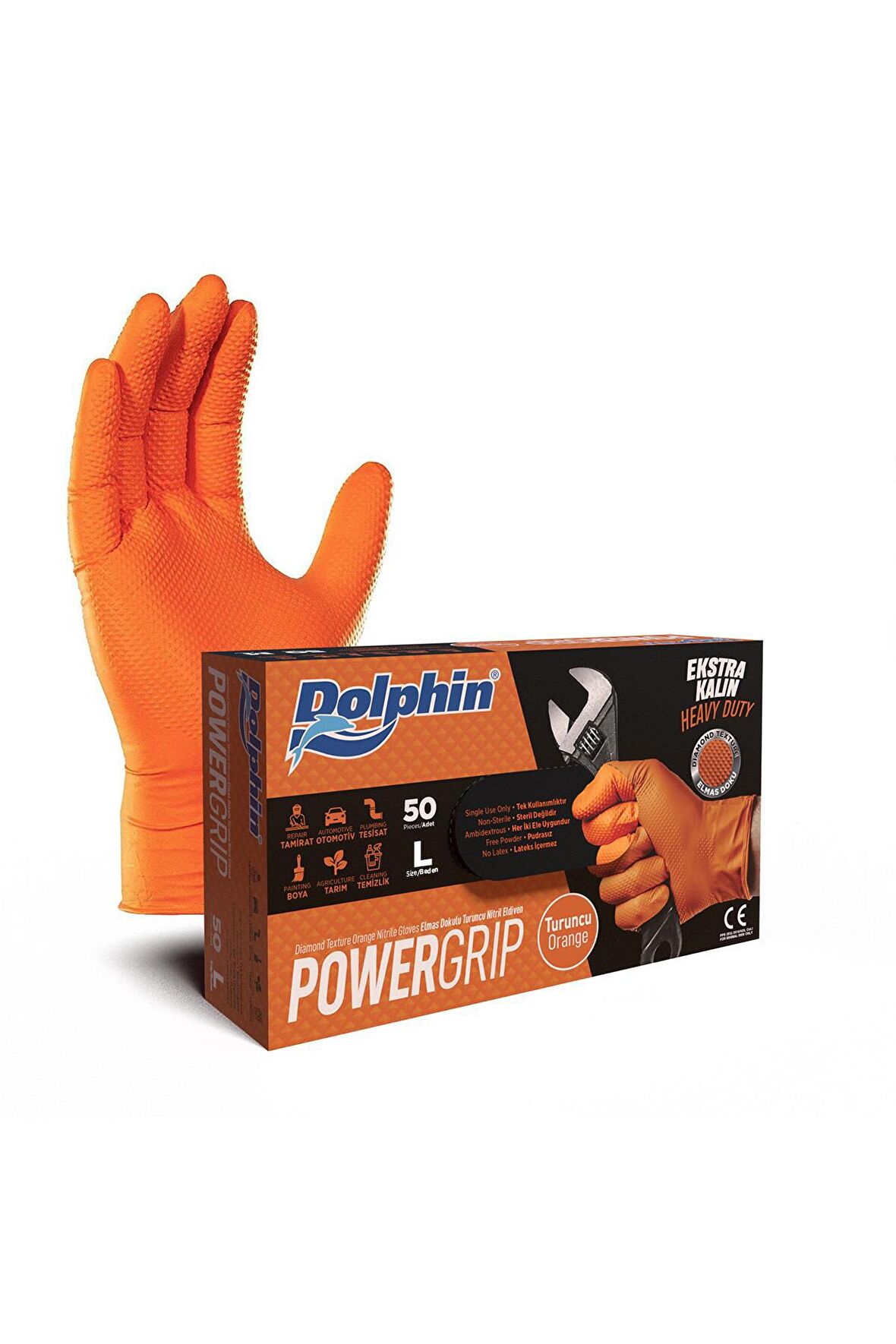 Dolphin Nitril PowerGrip Ekstra Kalın Elmas Dokulu Eldiven Turuncu Large Büyük Boy - 50'li Paket