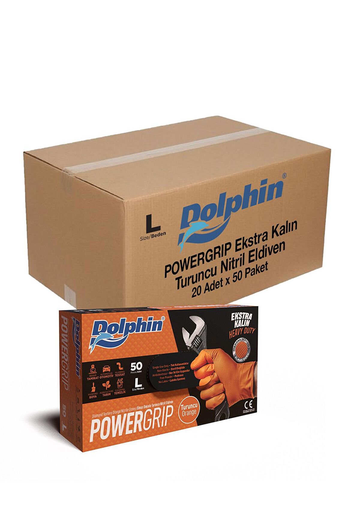 Dolphin Nitril PowerGrip Ekstra Kalın Elmas Dokulu Eldiven Turuncu Large Büyük Boy - 50'li 20 Paket