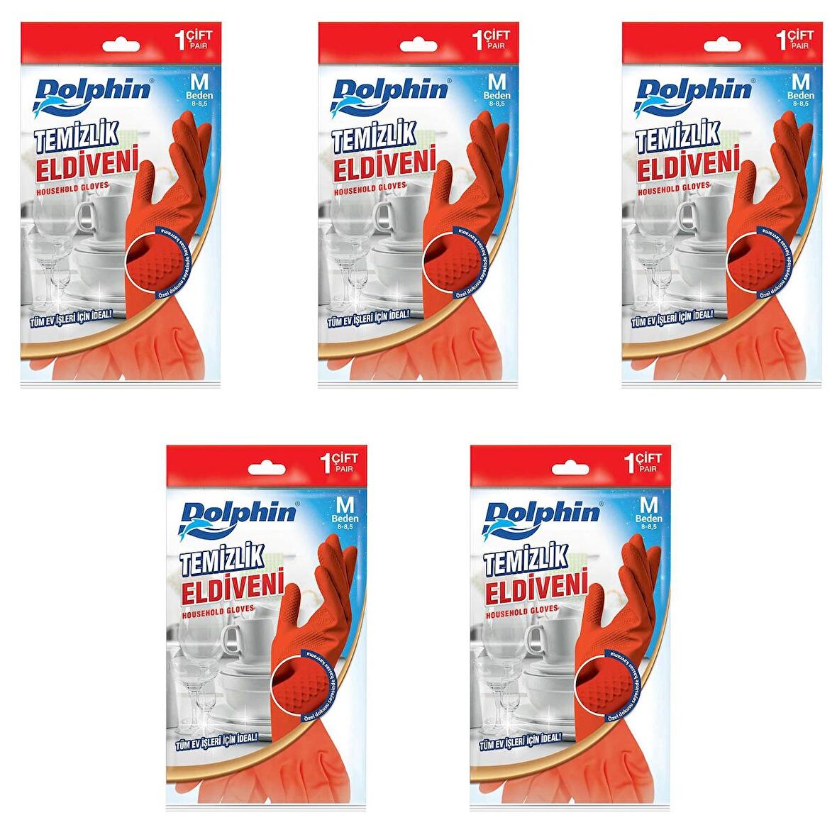 Dolphin Lateks Bulaşık Temizlik Eldiveni - Kırmızı - Orta Boy ( Medium ) - 8-8,5 - 5 Paket