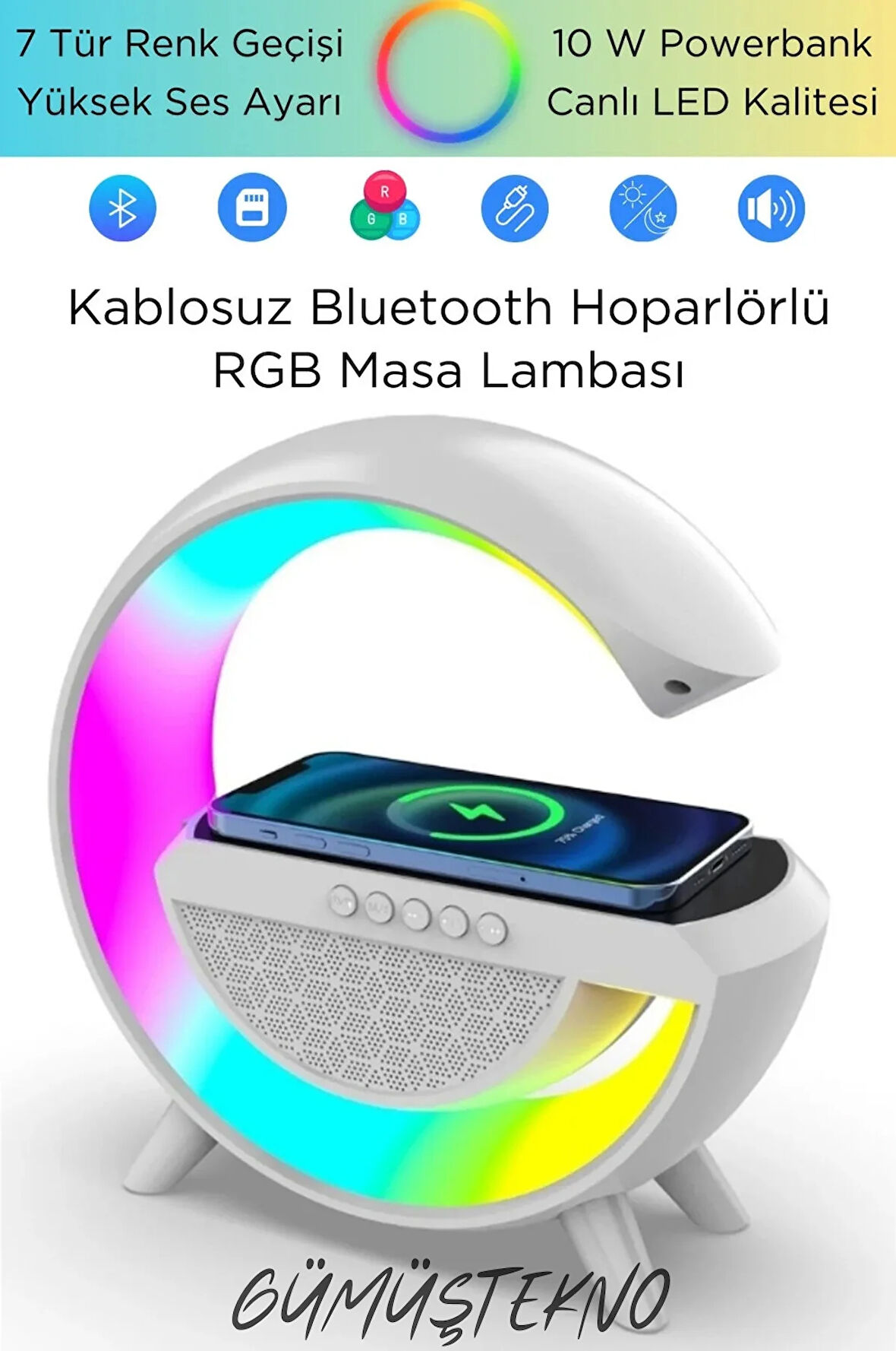 Kablosuz Şarj Aleti Masa Lambası Bluetooth Hoparlör Gece Lambası LED G Lamba İos Android Uyumlu