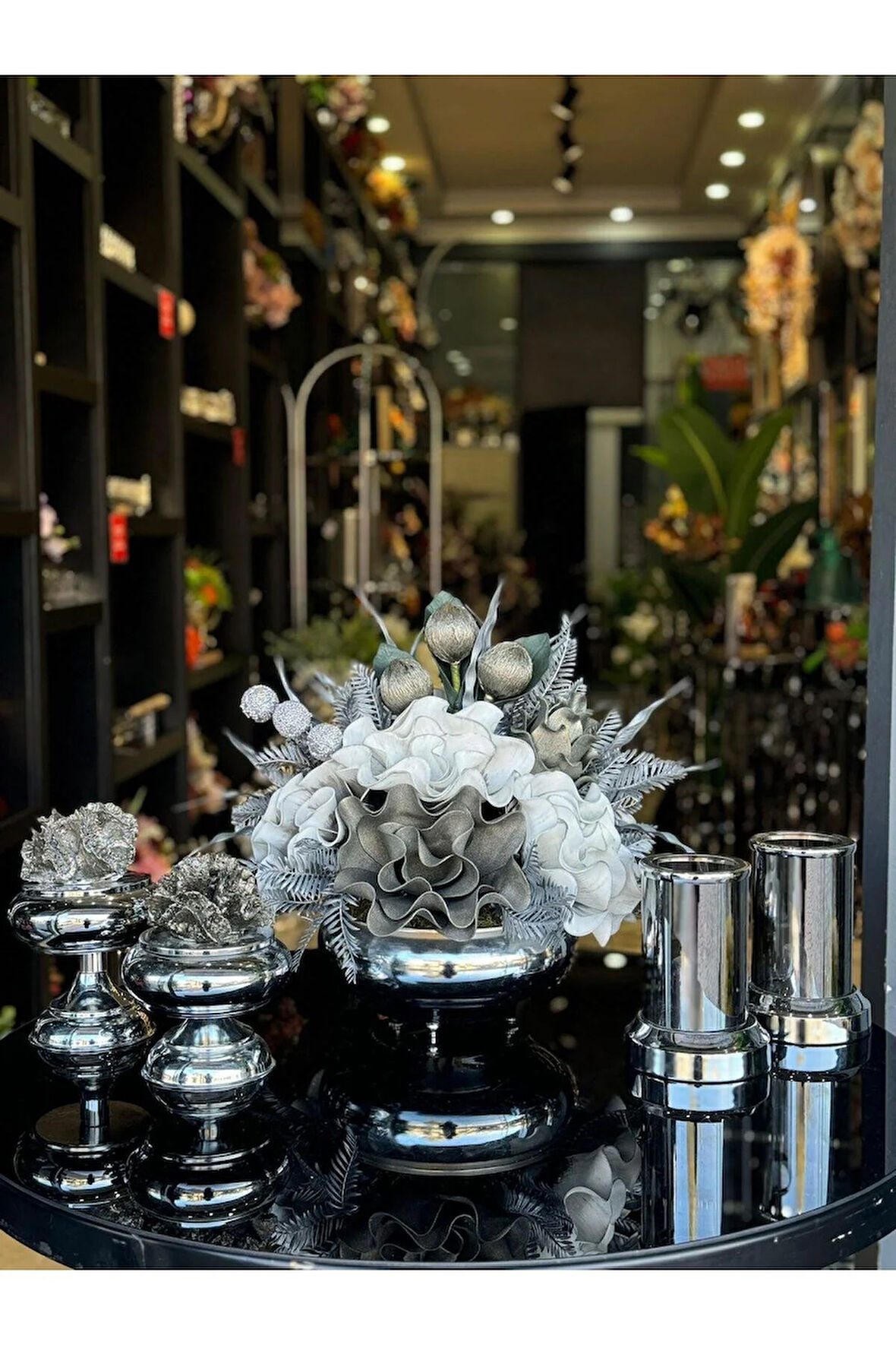 Yapay Çiçekli Gümüş Yassı Vazo 5 Parça Set No:1