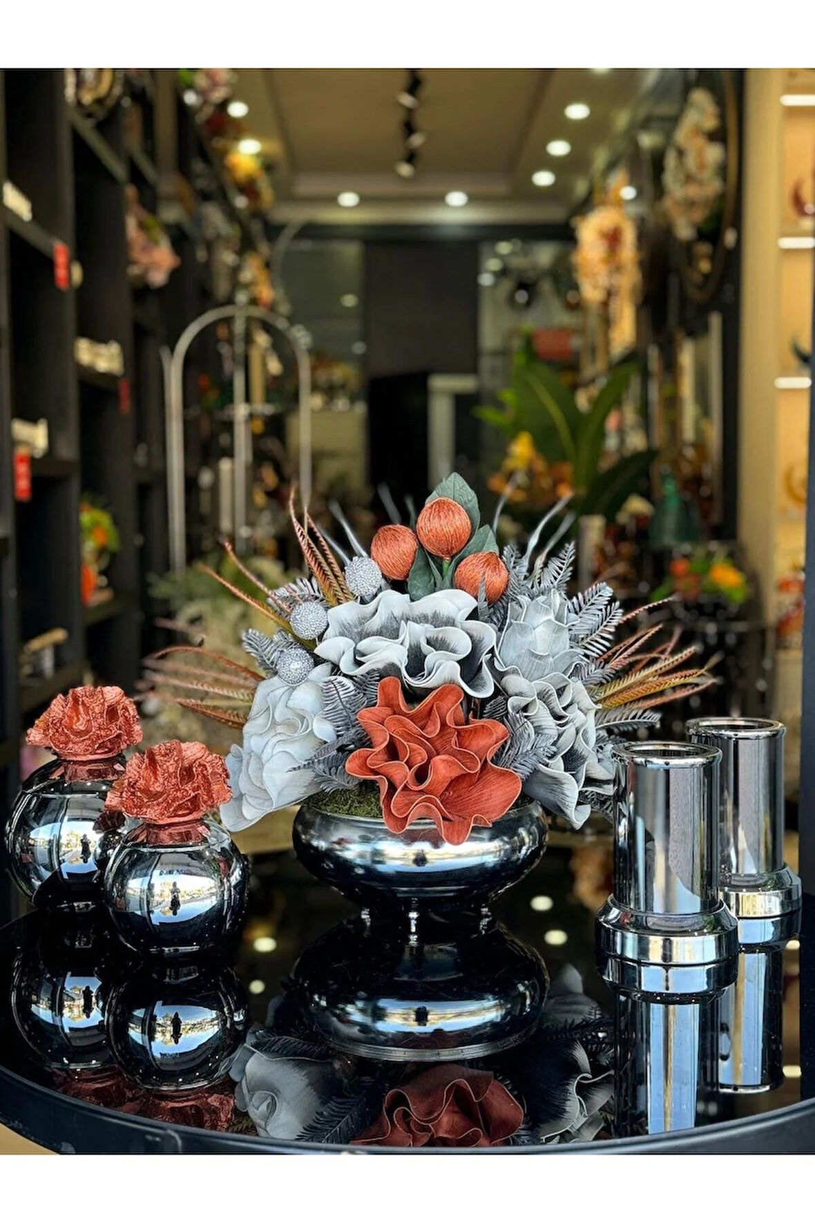 Yapay Çiçekli Gümüş Yassı Vazo 5 Parça Set No:5