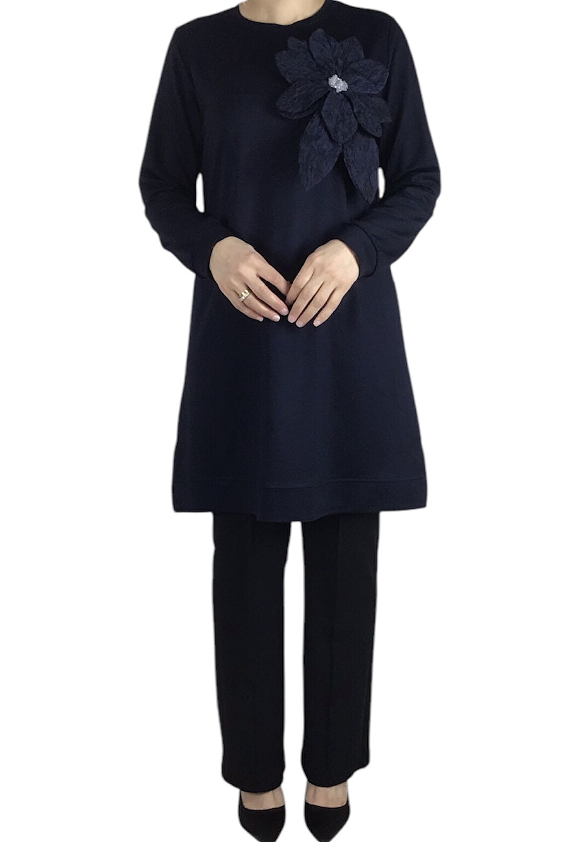 KADIN ÇİÇEK DETAYLI ALTI BANTLI KRİSTAL PENYE TUNİK-GÜLLÜ