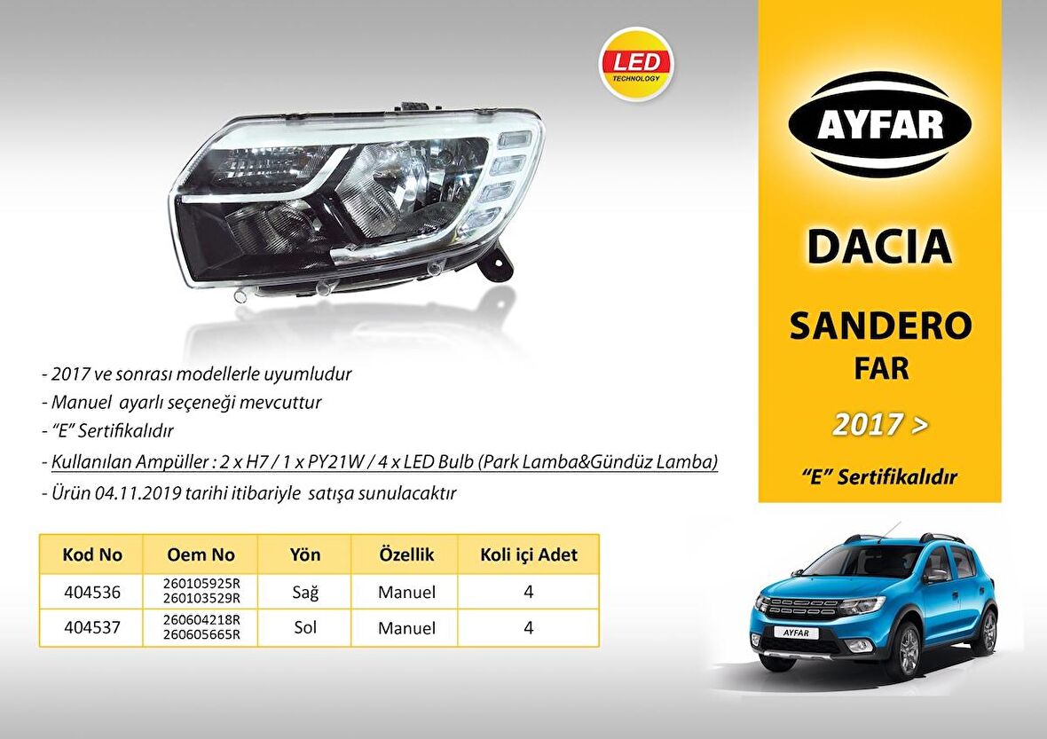 LOGAN MCV SANDERO SOL ÖN FAR LEDLİ (2017 SONRASI) 260605665R GOLD