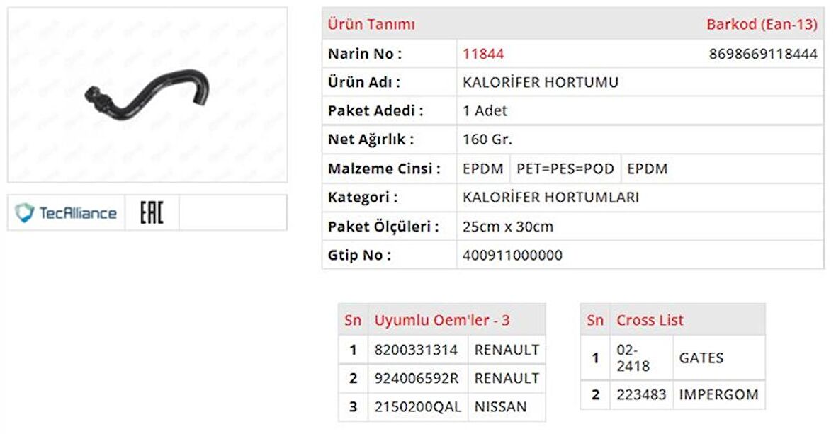 KALORIFER HORTUMU RENAULT SYMBOL = THALIA / CLIO II / KANGOO I 1.5DCI 8200331314 924006592R GOLD