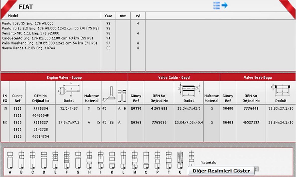 SİBOP TAKIMI 1306 1301 IN 4 EX 4 PALIO ALBEA 1.2 8V UNO 60 DOBLO (7MM) 7770334 7666227 46514754 GOLD