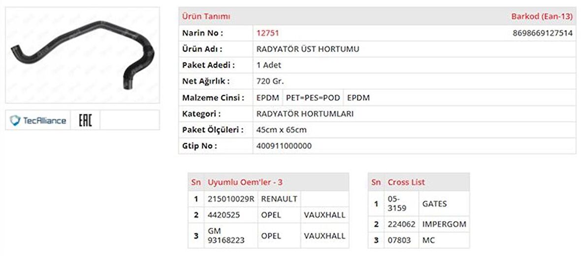 RADYATÖR HORTUMU ÜST RENAULT MASTER III 2.3 DCIOPEL MOVANO B 2.3 CDTI AC 215010029R GOLD