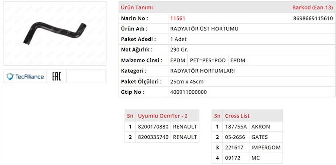 RADYATÖR HORTUMU ÜST RENAULT MEGANE II / SCENIC II 1.5DCI 8200170880 8200335740 GOLD