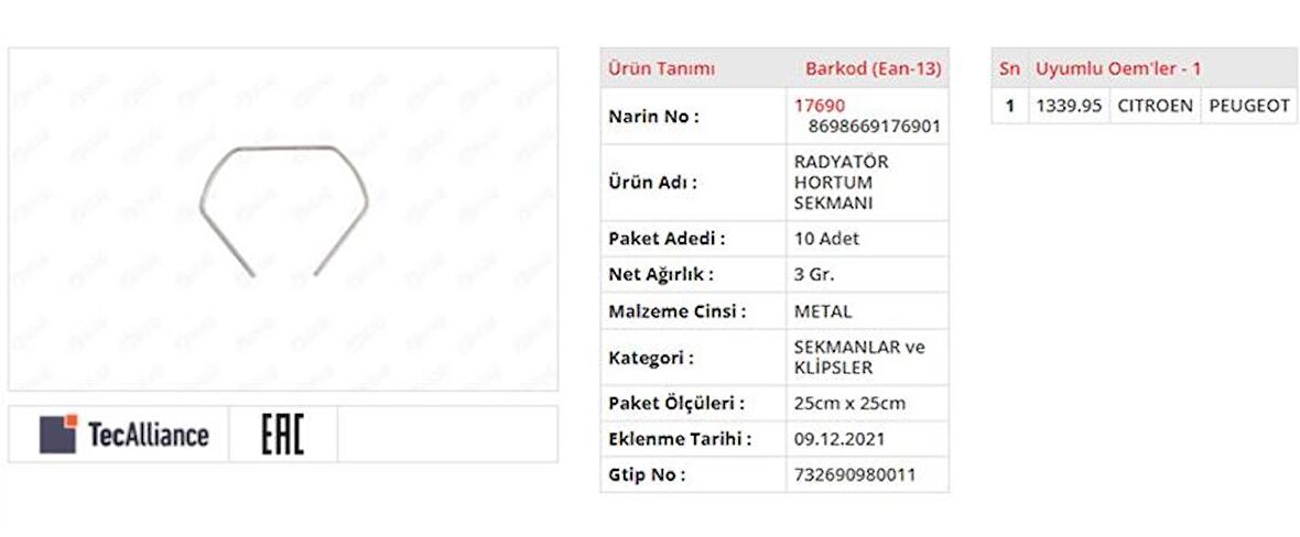 RADYATÖR HORTUN SEGMANI CITROEN BERLINGO 1339.95 GOLD
