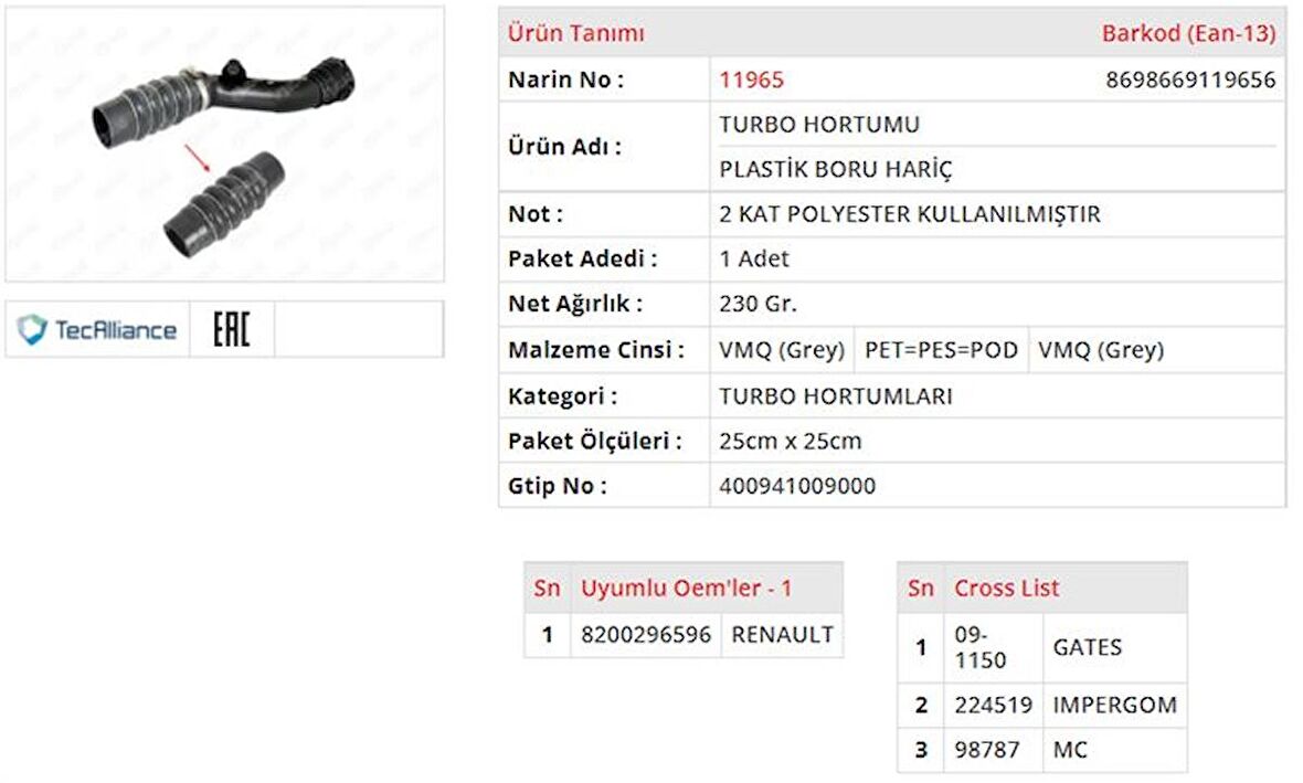 TURBO HORTUMU PLASTIK PARÇA HARIÇ RENAULT CLIO III / MODUS 1.5DCI 8200296596 GOLD