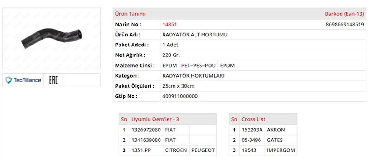 RADYATÖR HORTUMU ALT FIAT DUCATO II 2.0 JTD - 2.2 JTDPEUGEOT BOXER I 2.0 HDI PEUGEOT BOXER II 2.0 HDI - 2.2 HDICITROEN JUMPER I 2.0 HDI CITROEN JUMPER II 2.0 HDI - 2.2 HDI 1307ZY 1326972080 1328553080