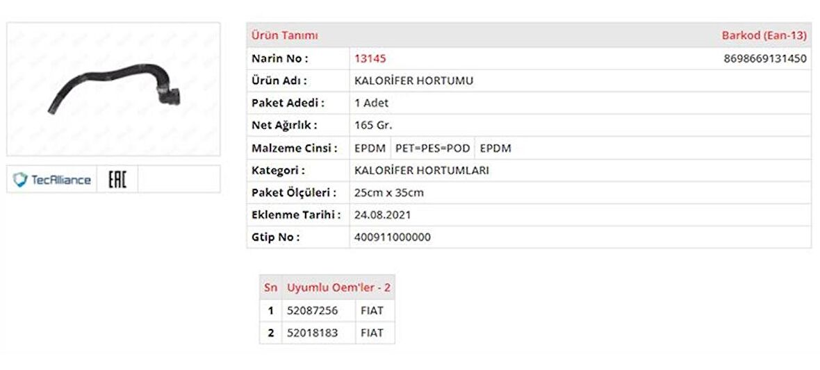 KALORIFER HORTUMU FIAT EGEA 1.6 MULTIJET 52087256-52018183 GOLD