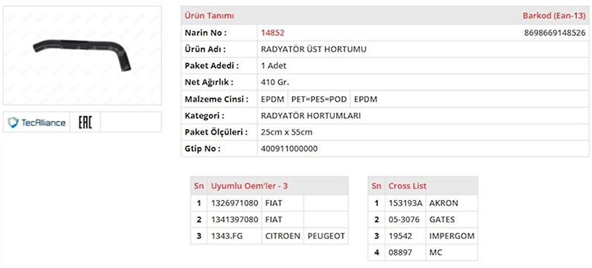 RADYATÖR HORTUMU ÜST FIAT DUCATO II 2.0 JTD - 2.2 JTDPEUGEOT BOXER I 2.0 HDIPEUGEOT BOXER II 2.0 HDI - 2.2 HDI CITROEN JUMPER I 2.0 HDI CITROEN JUMPER II 2.0 HDI - 2.2 HDI 1326971080 1343FG GOLD