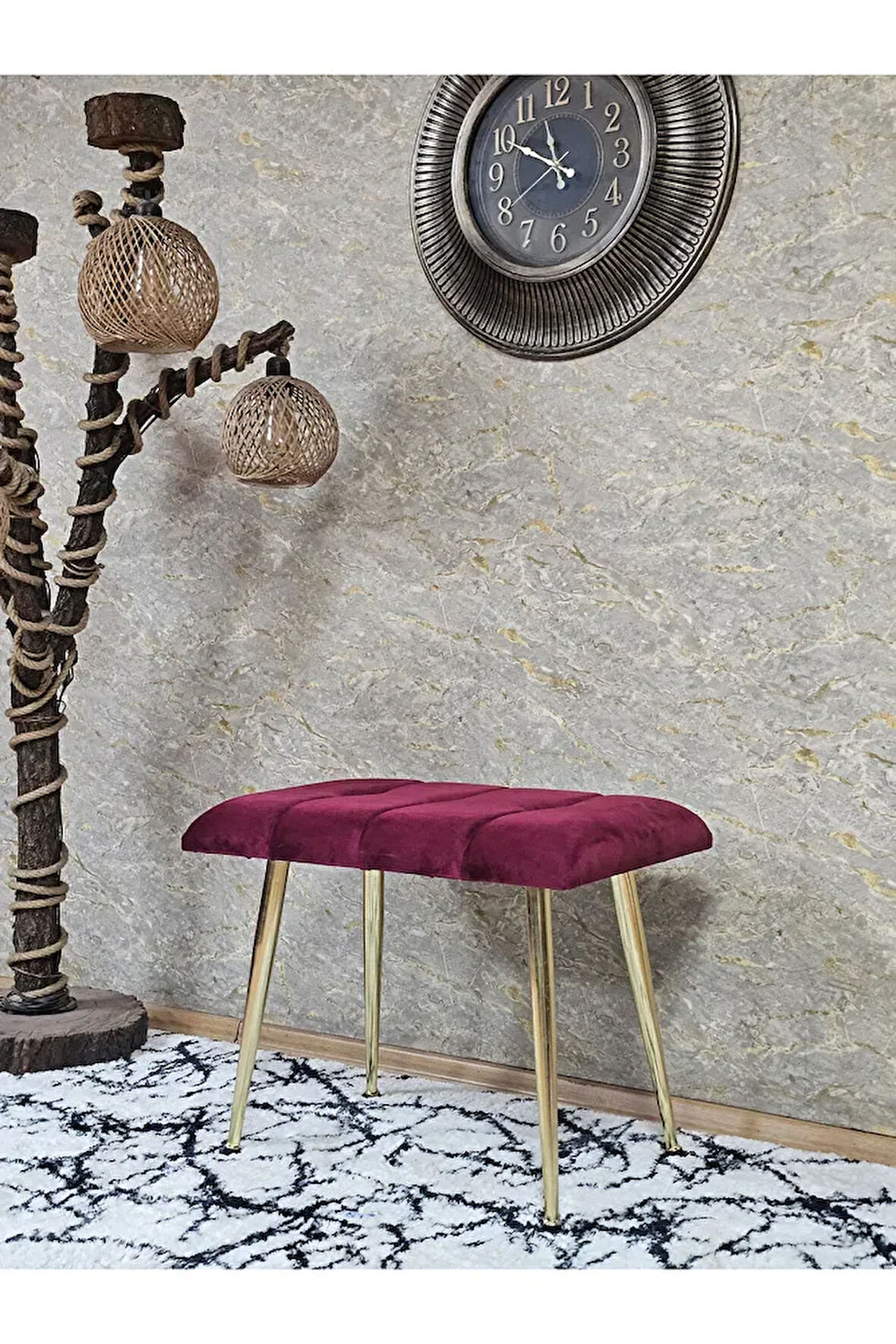Gold Sivriltme Ayaklı 60 cm Puf Bench - Puf - Bench - Oturak - Mutfak Oturağı - Antre Oturağı Bordo Renk 60 x 40 Boyut/Ebat