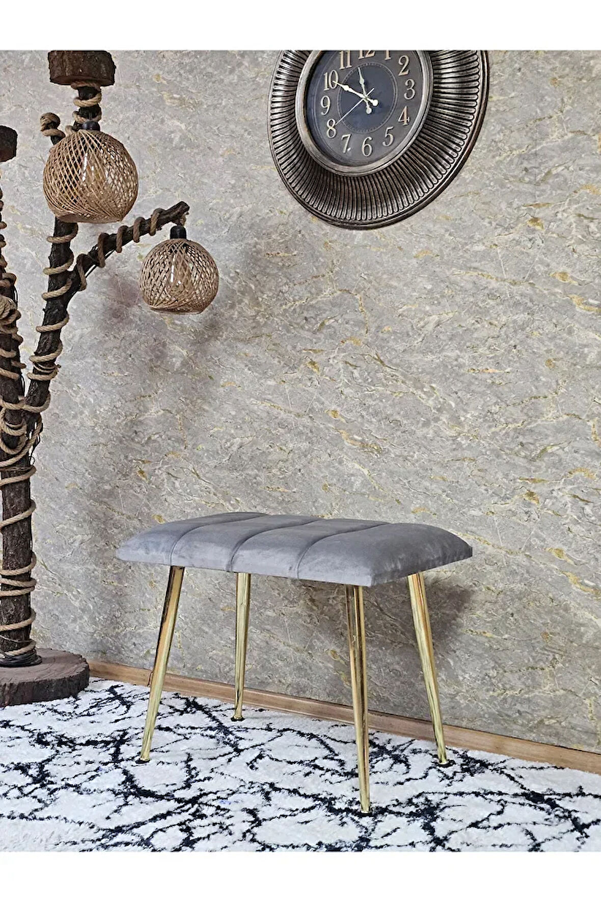 Gold Sivriltme Ayaklı 60 cm Puf Bench - Puf - Bench - Oturak - Mutfak Oturağı - Antre Oturağı Gri Renk 60 x 40 Boyut/Ebat