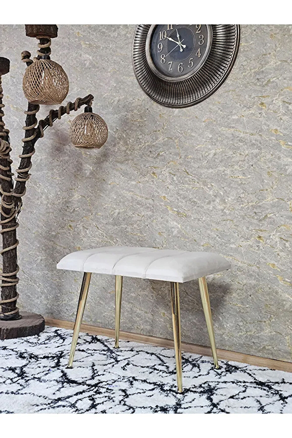 Gold Sivriltme Ayaklı 60 cm Puf Bench - Puf - Bench - Oturak - Mutfak Oturağı - Antre Oturağı Krem Renk 60 x 40 Boyut/Ebat