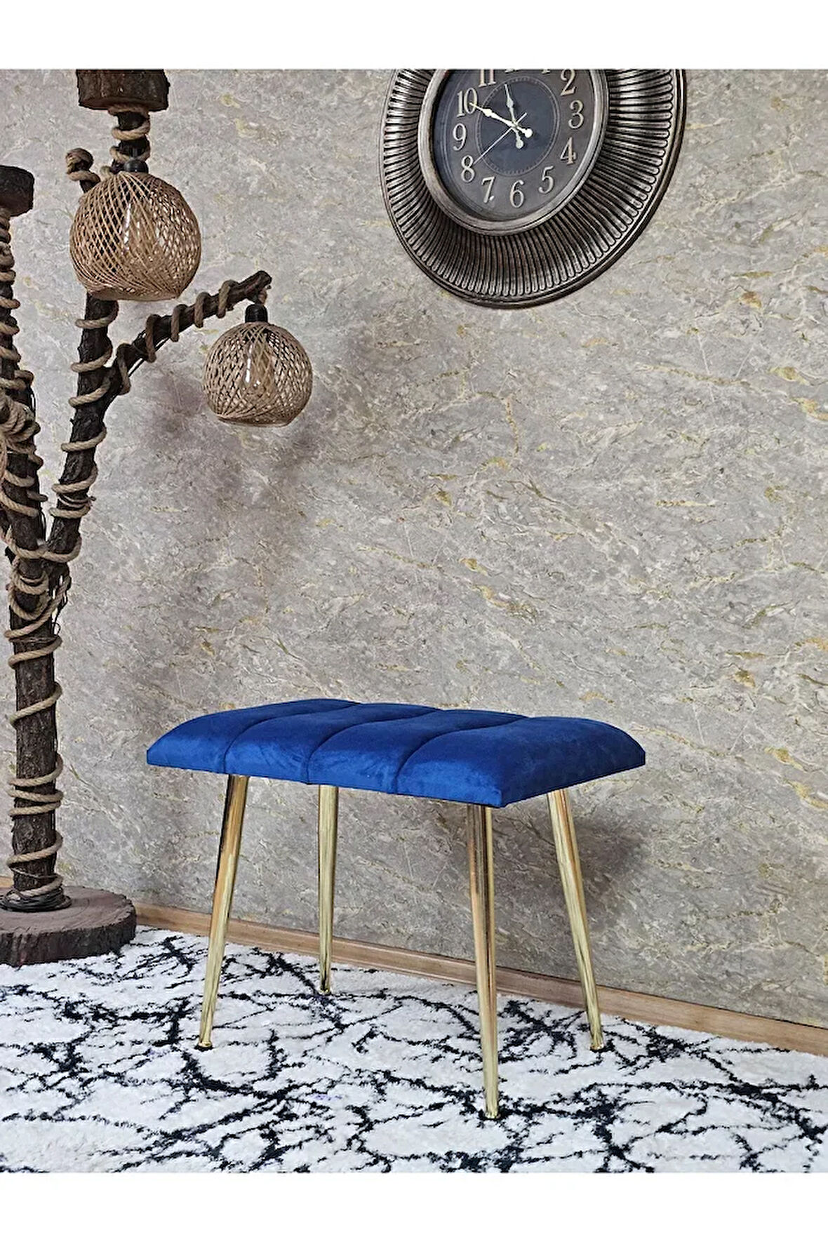 Gold Sivriltme Ayaklı 60 cm Puf Bench - Puf - Bench - Oturak - Mutfak Oturağı - Antre Oturağı Mavi Renk 60 x 40 Boyut/Ebat