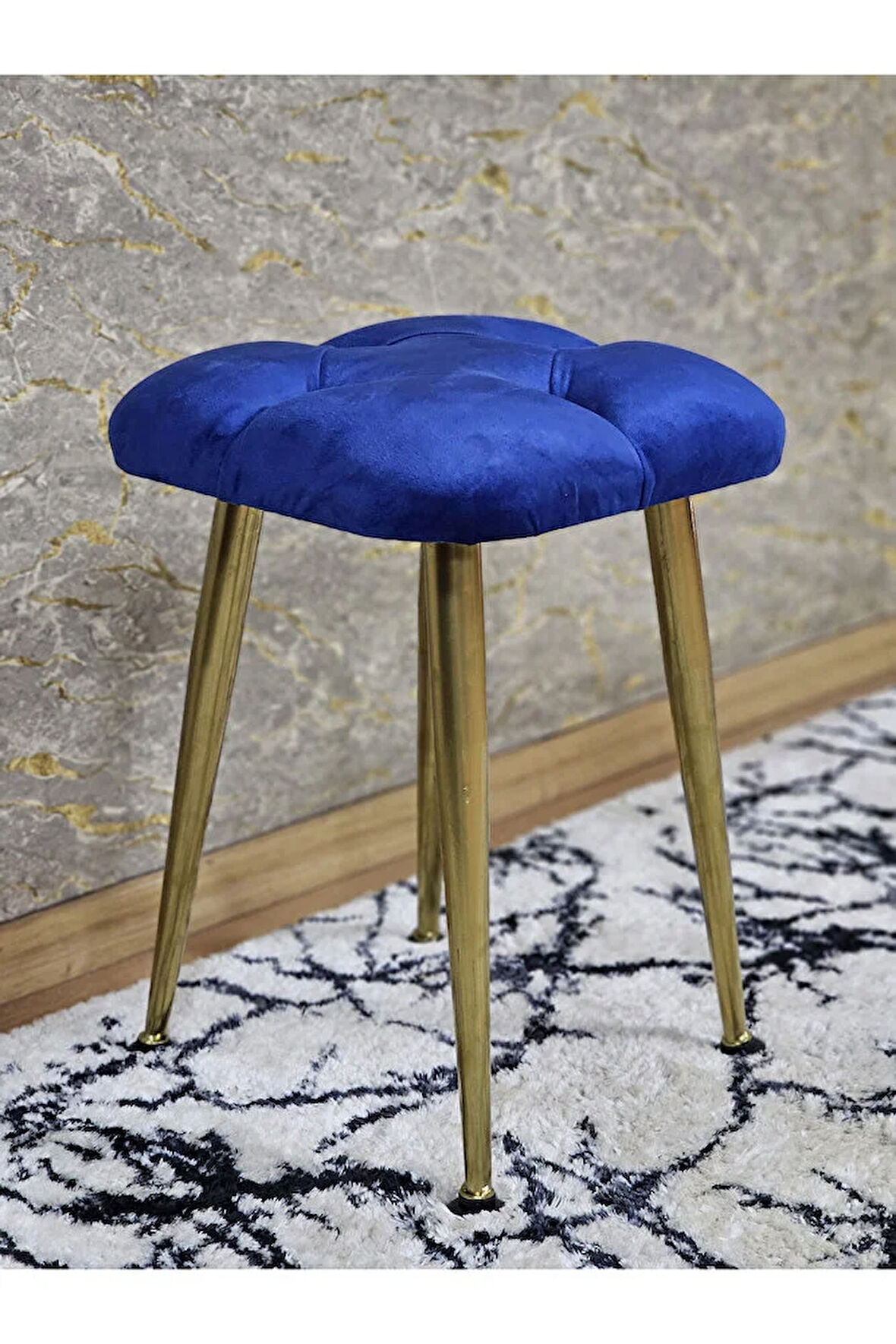 Kare Gold Kaplama Konik Ayaklı Tabure - Oturak - Bar Taburesi - Ayaklı Tabure Mavi Renk 33 x 48 Boyut/Ebat
