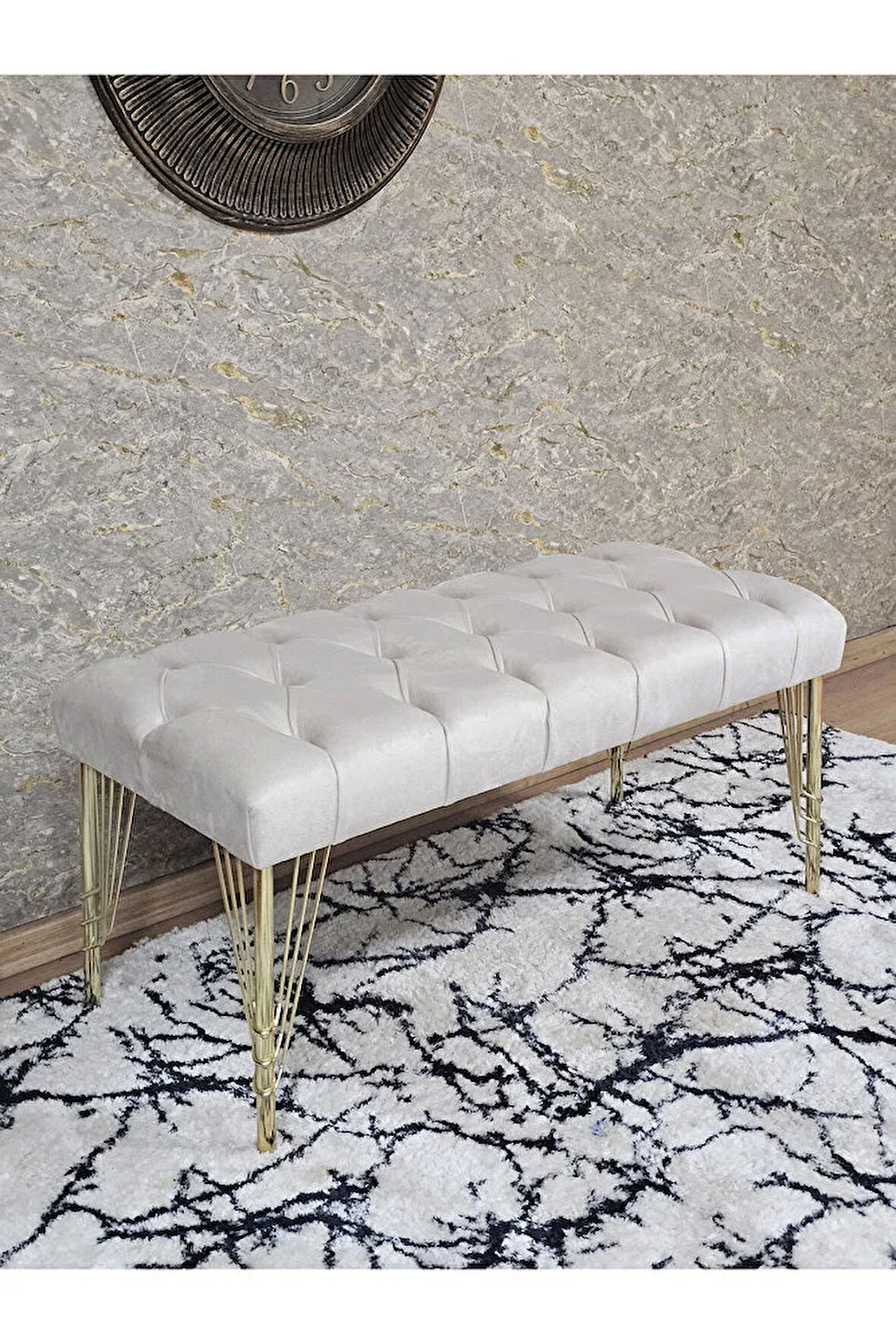 Gold Tel Ayaklı 90 cm Puf Bench - Puf - Bench - Kasalı Oturak - Oturak - Yatak Ucu Puf Krem Renk 90 x 40 Boyut/Ebat