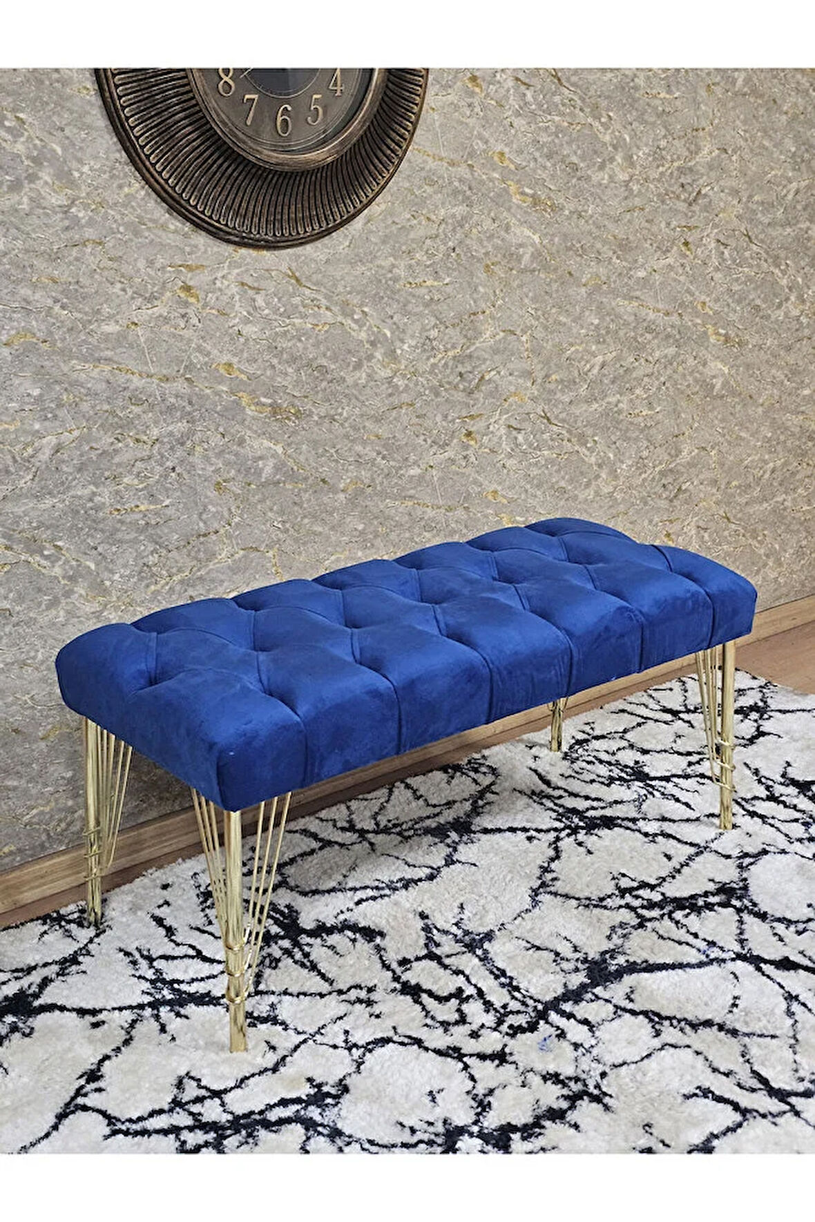 Gold Tel Ayaklı 90 cm Puf Bench - Puf - Bench - Kasalı Oturak - Oturak - Yatak Ucu Puf Mavi Renk 90 x 40 Boyut/Ebat