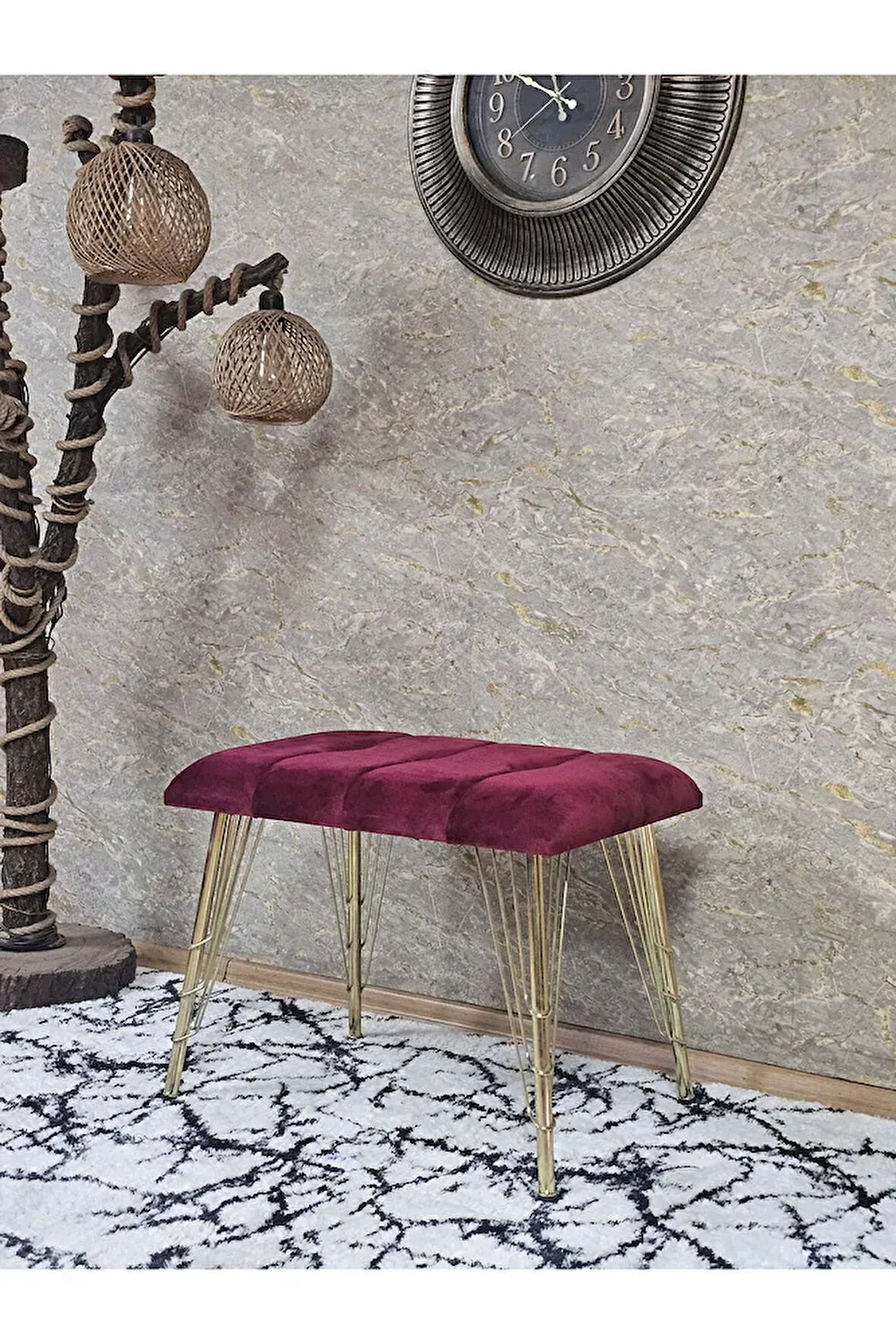 Metal Gold Tel Ayaklı 60 cm Puf Bench - Puf - Bench - Oturak - Mutfak Oturağı - Antre Oturağı Bordo Renk 60 x 40 Boyut/Ebat
