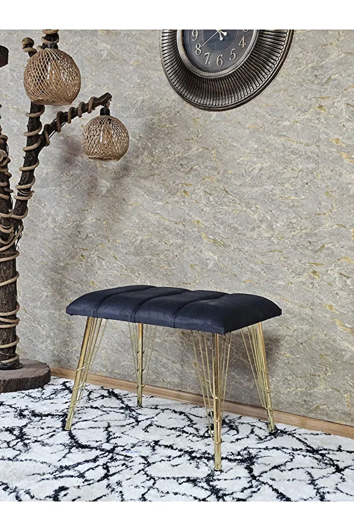 Metal Gold Tel Ayaklı 60 cm Puf Bench - Puf - Bench - Oturak - Mutfak Oturağı - Antre Oturağı Füme Renk 60 x 40 Boyut/Ebat