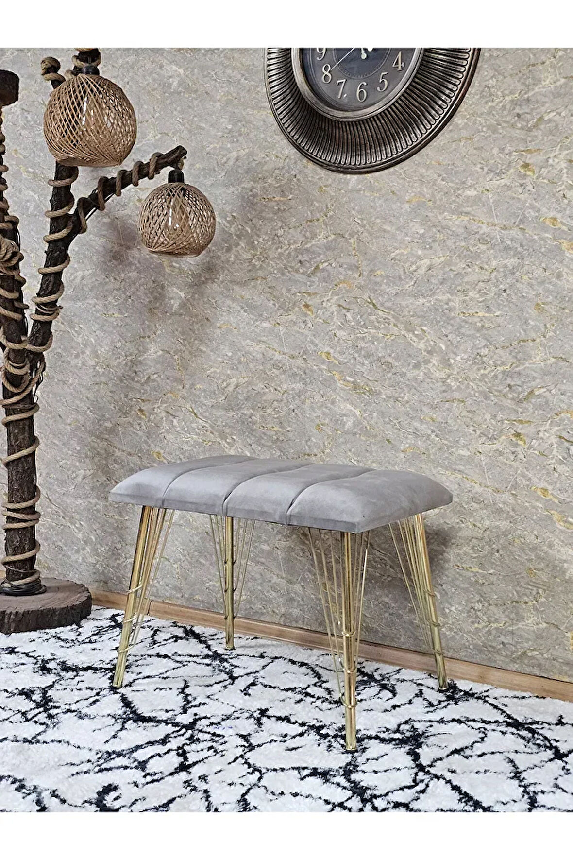Metal Gold Tel Ayaklı 60 cm Puf Bench - Puf - Bench - Oturak - Mutfak Oturağı - Antre Oturağı Gri Renk 60 x 40 Boyut/Ebat