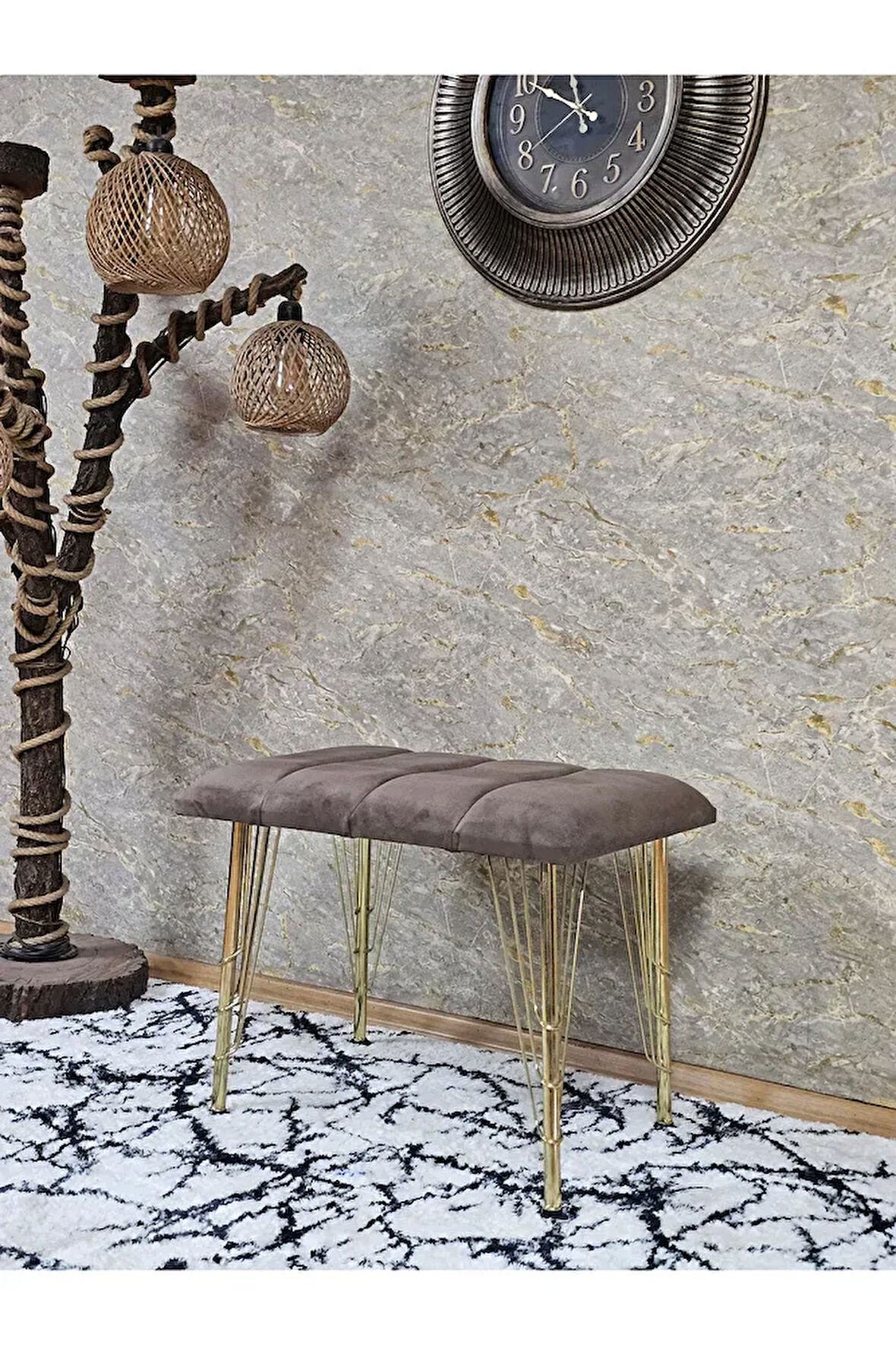 Metal Gold Tel Ayaklı 60 cm Puf Bench - Puf - Bench - Oturak - Mutfak Oturağı - Antre Oturağı Kahverengi Renk 60 x 40 Boyut/Ebat