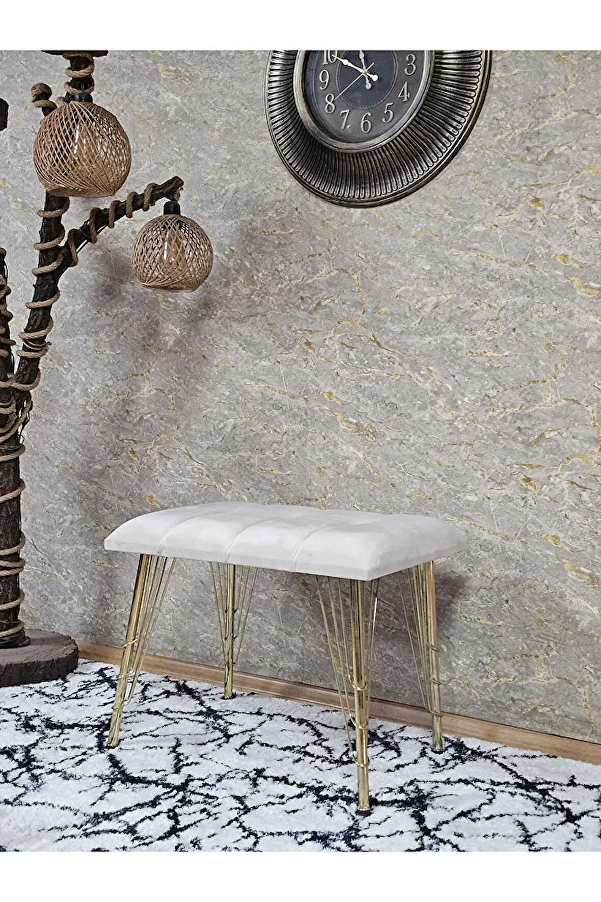Metal Gold Tel Ayaklı 60 cm Puf Bench - Puf - Bench - Oturak - Mutfak Oturağı - Antre Oturağı Krem Renk 60 x 40 Boyut/Ebat