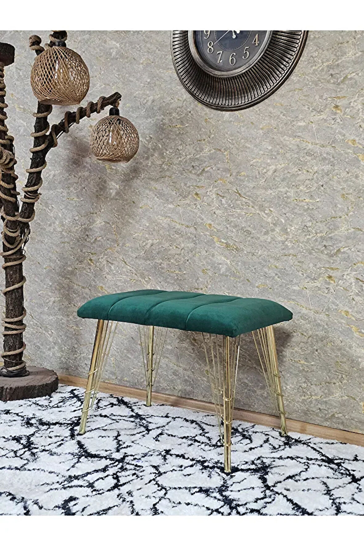 Metal Gold Tel Ayaklı 60 cm Puf Bench - Puf - Bench - Oturak - Mutfak Oturağı - Antre Oturağı Yeşil Renk 60 x 40 Boyut/Ebat
