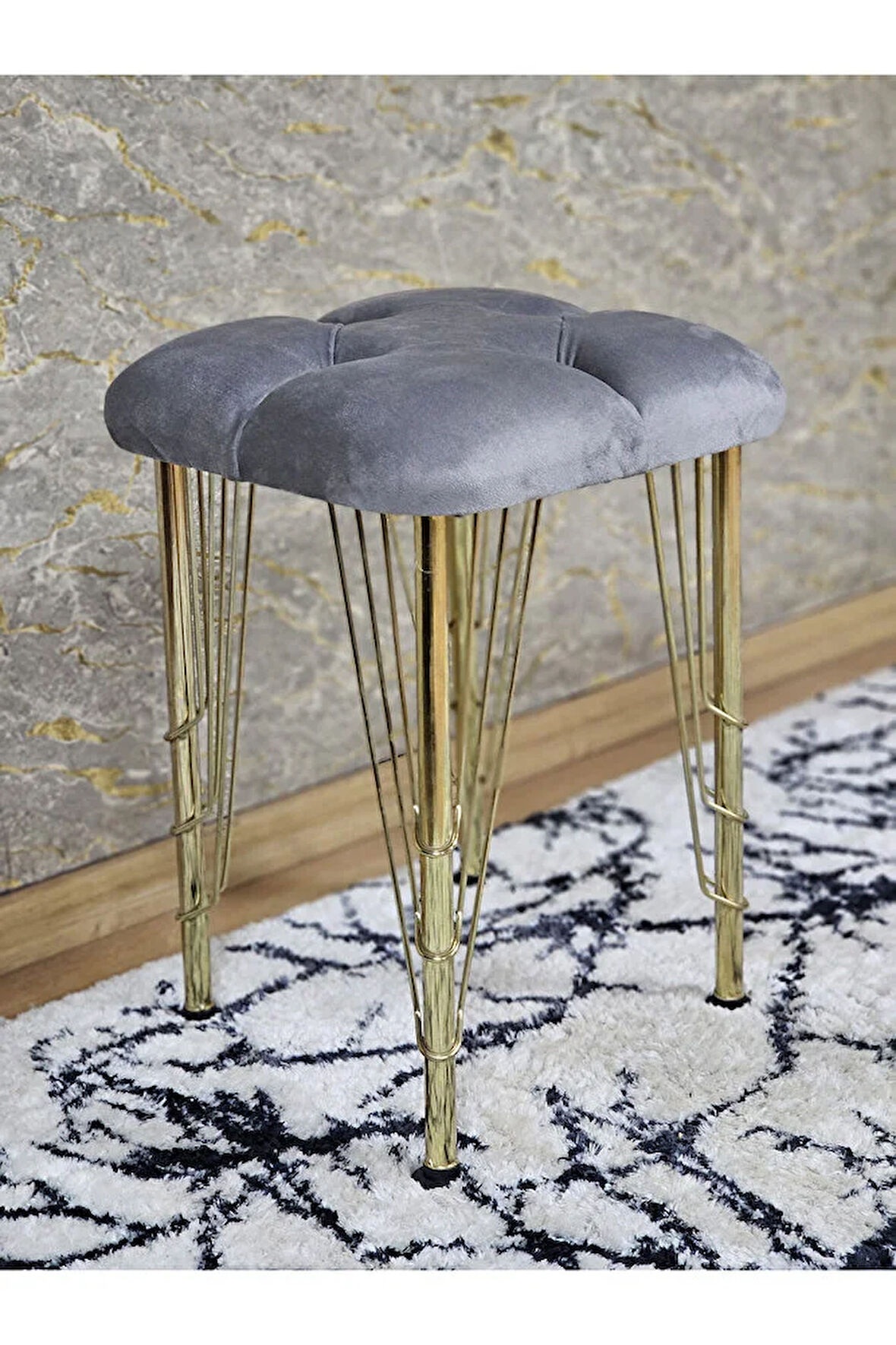 Kare Gold Kaplama Telli Ayaklı Tabure - Oturak - Bar Taburesi - Ayaklı Tabure Gri Renk 48 x 33 Boyut/Ebat