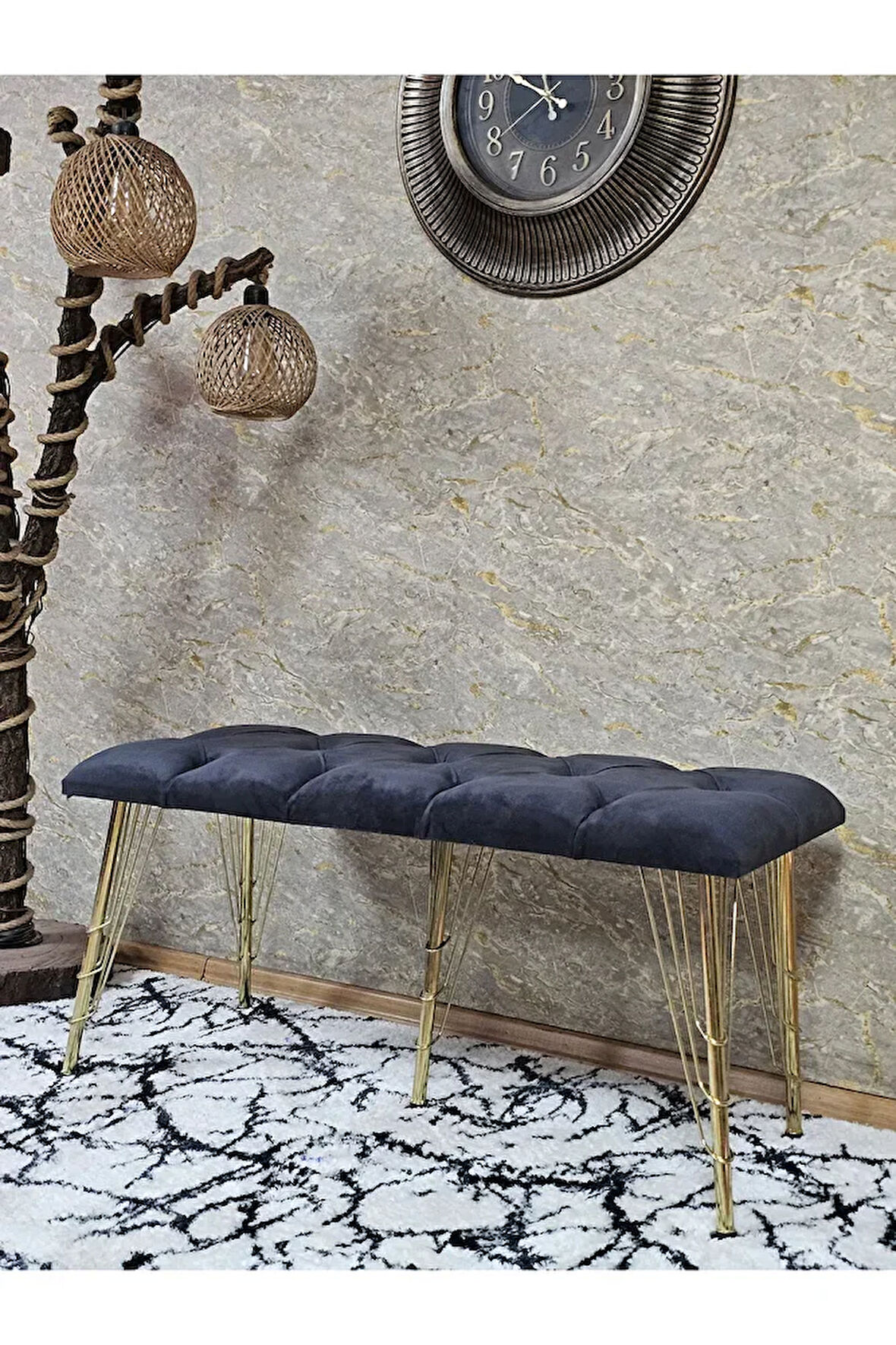 Metal Gold Tel Ayaklı 100 cm Puf Bench - Puf - Bench - Oturak - Mutfak Oturağı - Antre Oturağı Füme Renk 100 x 40 Boyut/Ebat