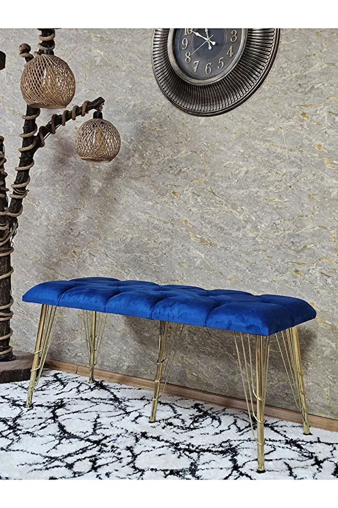 Metal Gold Tel Ayaklı 100 cm Puf Bench - Puf - Bench - Oturak - Mutfak Oturağı - Antre Oturağı Mavi Renk 100 x 40 Boyut/Ebat