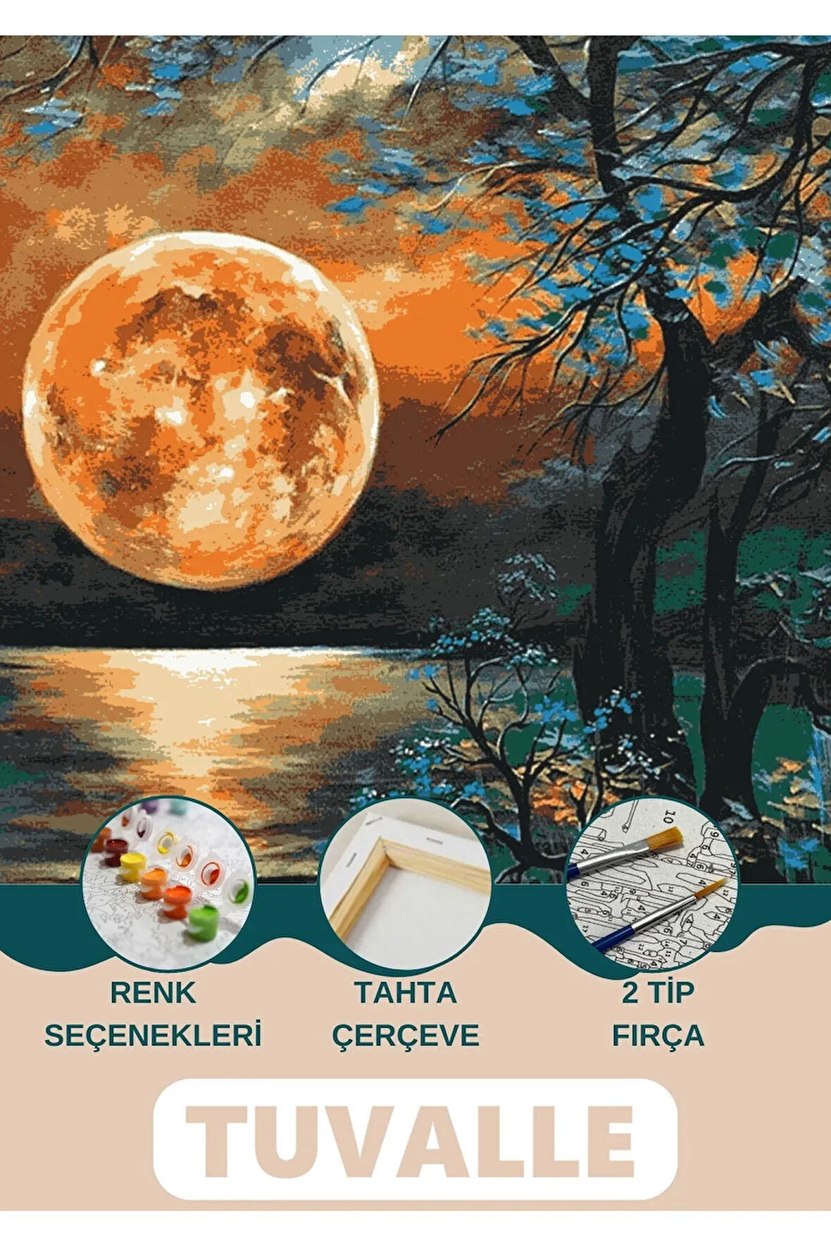 Göldeki Dolunay Sayılarla Boyama Seti, Hobi Seti, 40X50 Tablo, Fırça Boya Asma Aparatı Dahil, Ay