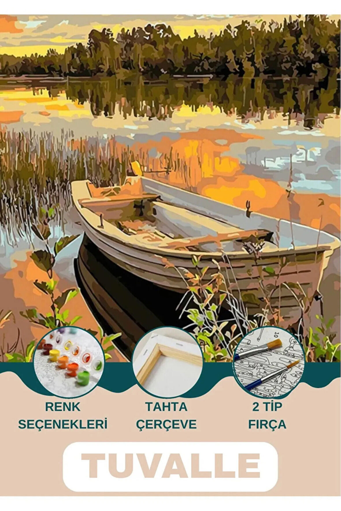 Göldeki Kayık Sayılarla Boyama Seti, Hobi Seti, 40X50 Tablo, Fırça Boya Asma Aparatı Dahil