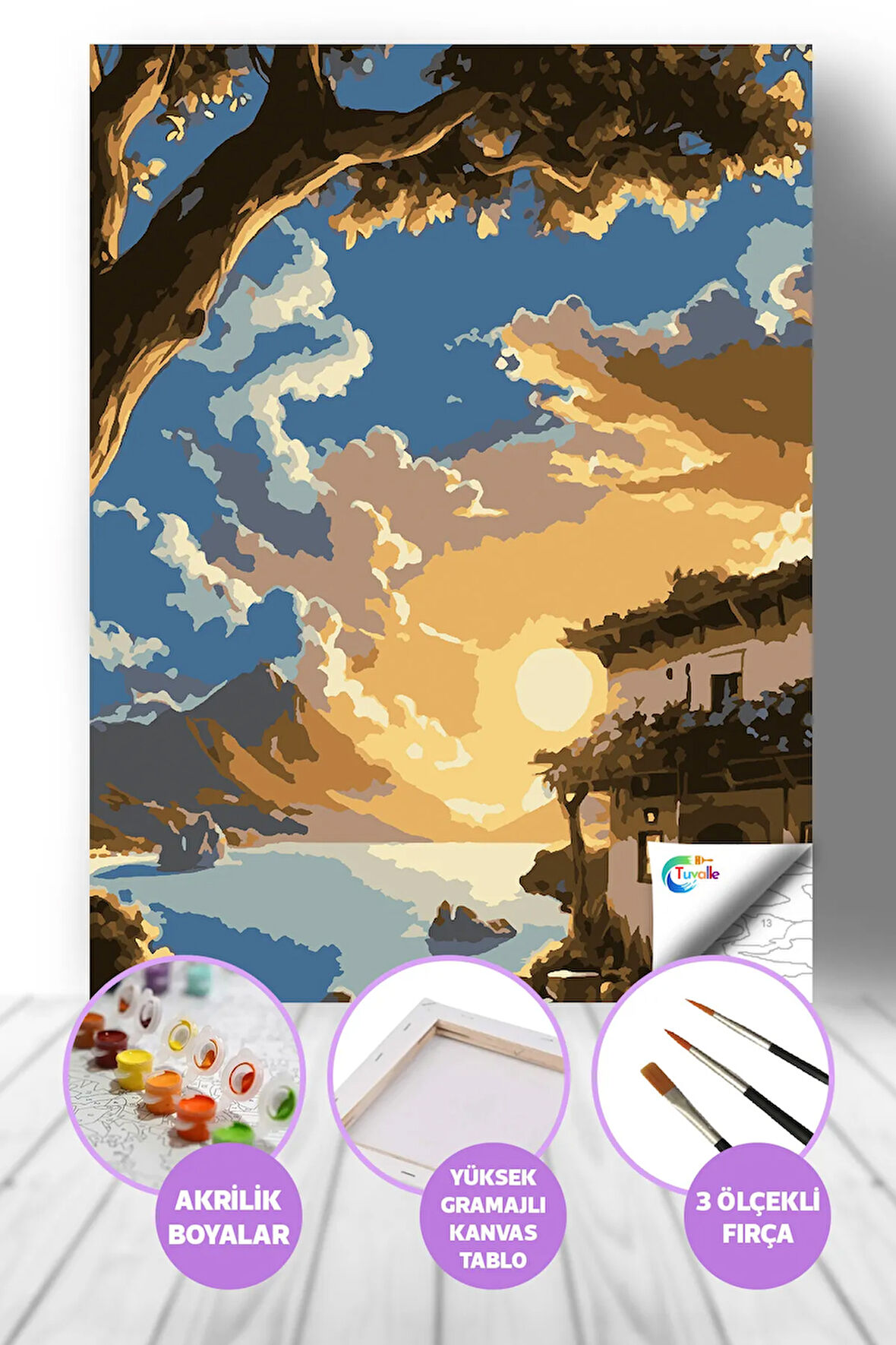 Göl Kenarında Bir Akşam Sayılarla Boyama Seti, Hobi Seti, 40X50 Tablo, Fırça Boya, Numaralı Tuval