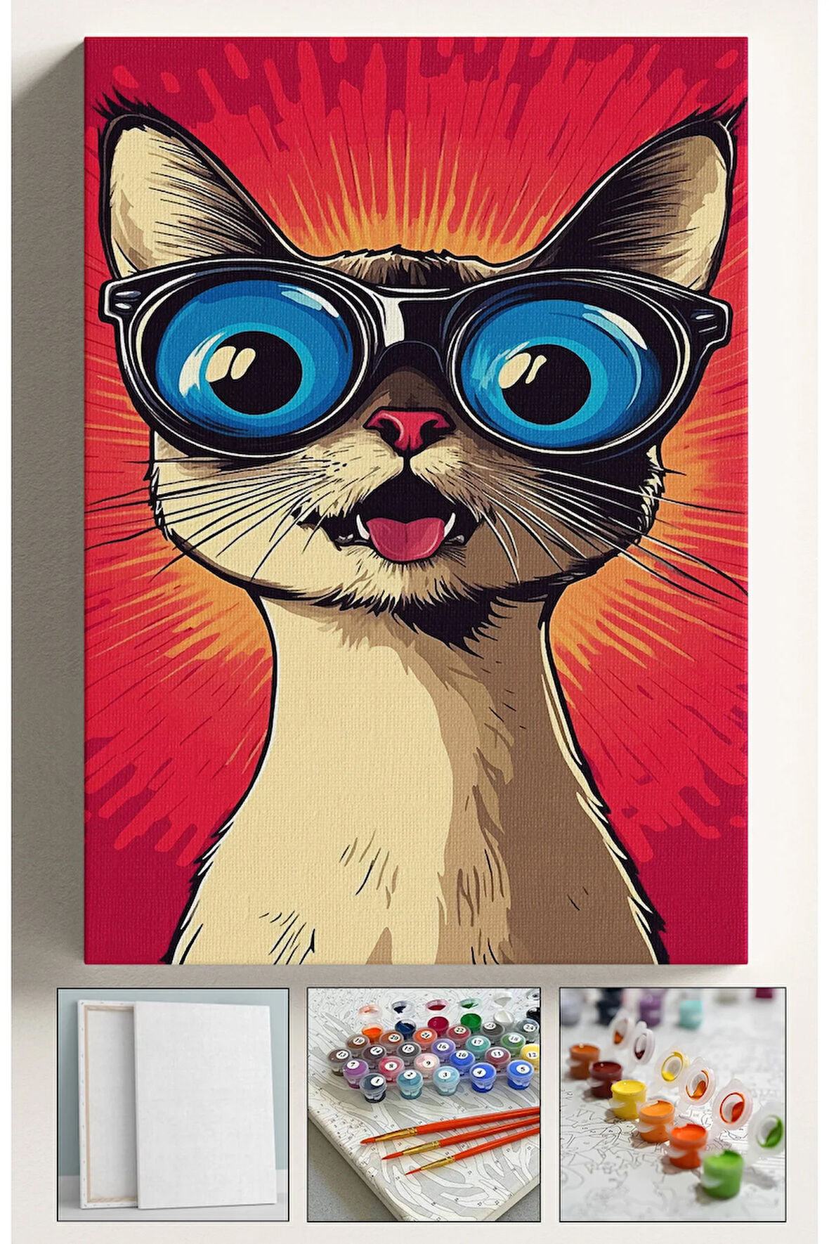 Sayılarla Boyama Hobi Seti Çerçeveli Numaralı Tuval Fırça Boya Kasnaklı ŞAŞKIN GÖZLÜKLÜ KEDİ 40x50Cm