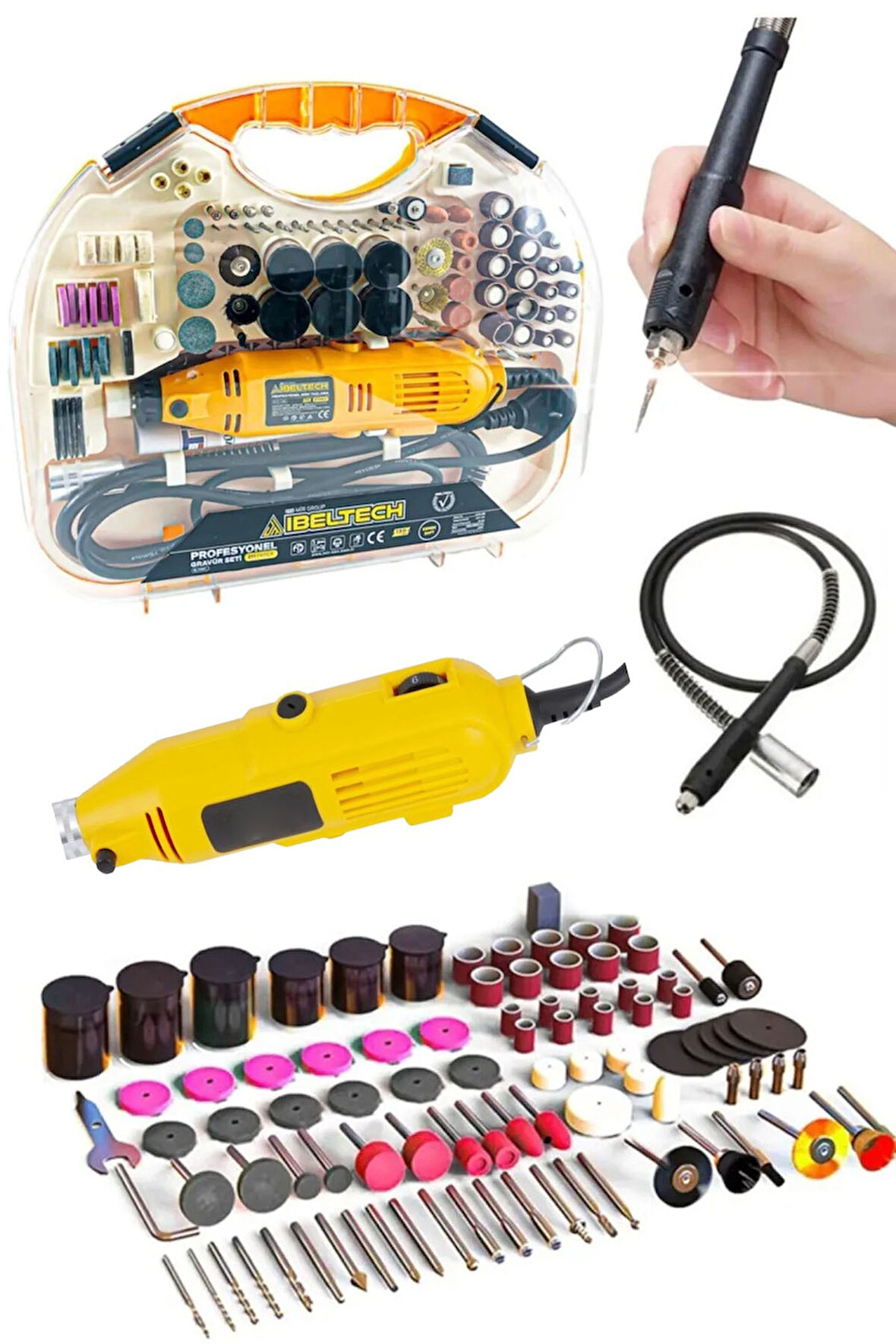 Ibeltech Emsa Gravür Oyma Makinesi Dremel Taşlama Zımpara Kesme Seti 211 Parça+Hortumlu
