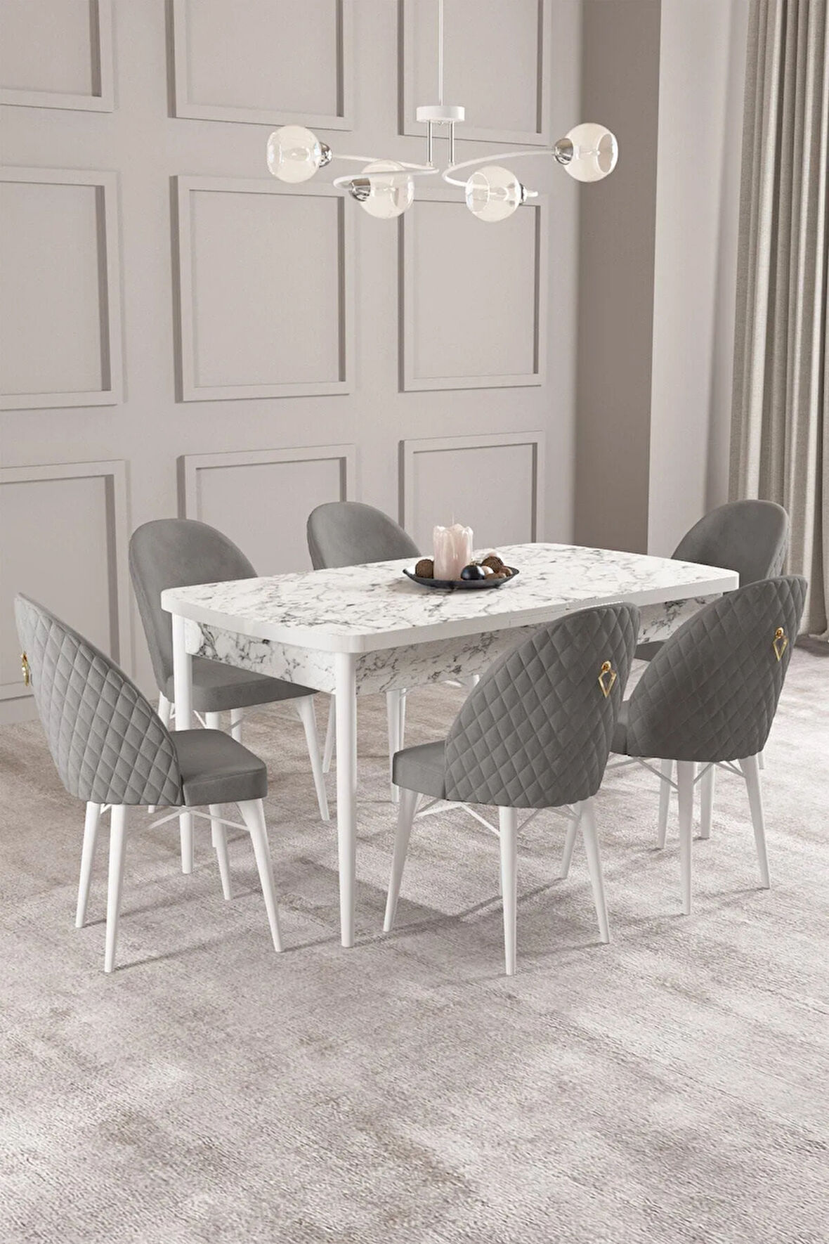 Arya Beyaz Mermer Desen 80x132 MDF Açılabilir Yemek Masası Takımı 6  Sandalye