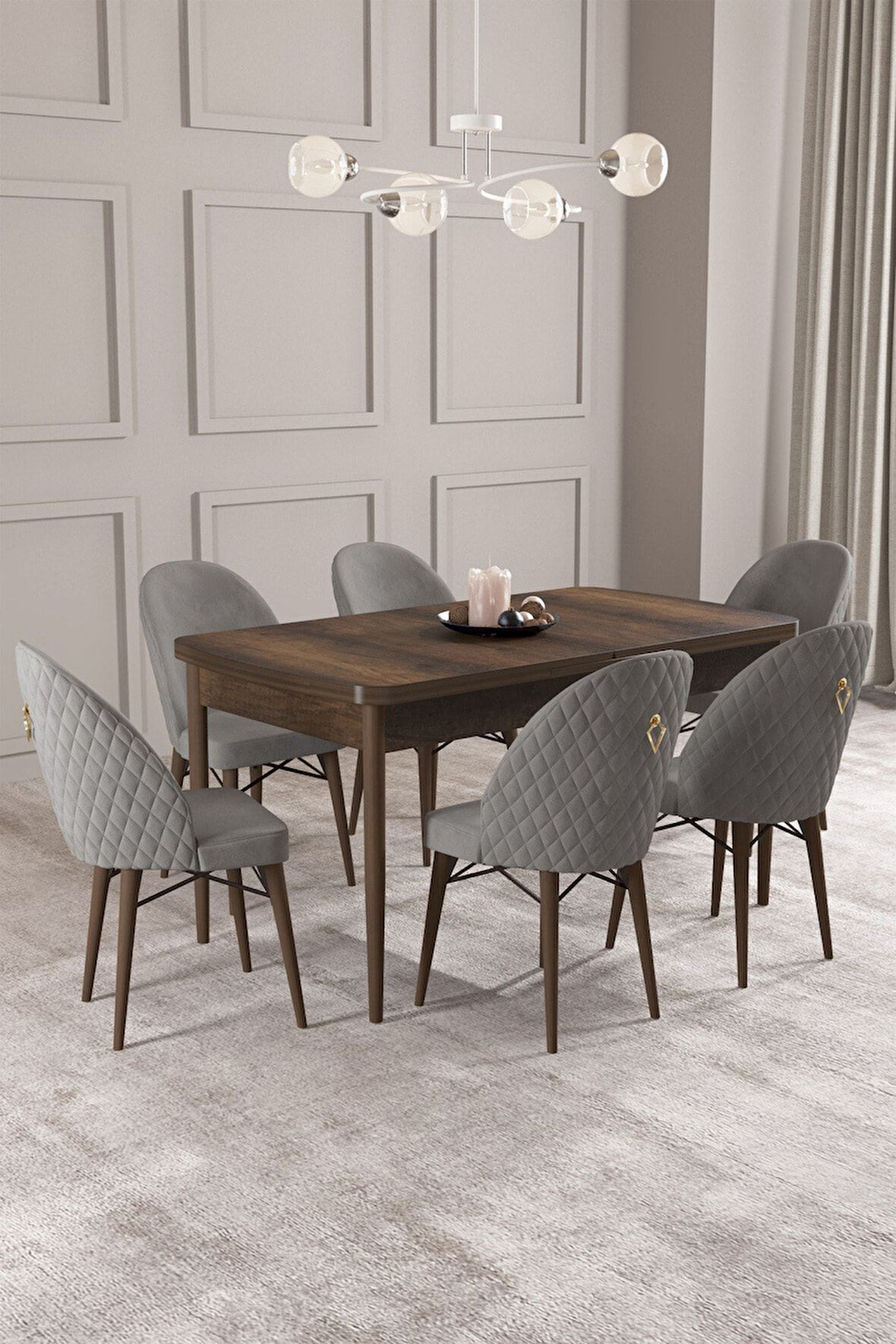 Calvin Barok Desen 80x132 Açılabilir Mdf Masa Yemek Odası Takımı, Mutfak Takımı 6 Adet Sandalye