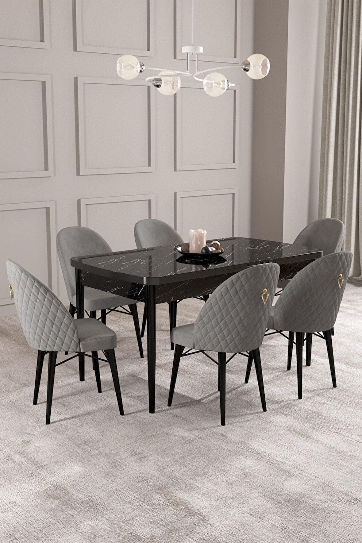 ​​​​​​​Calvin Siyah Mermer Desen 80x132 Açılabilir Mdf Masa Yemek Odası Takımı, Mutfak Takımı 6 Adet