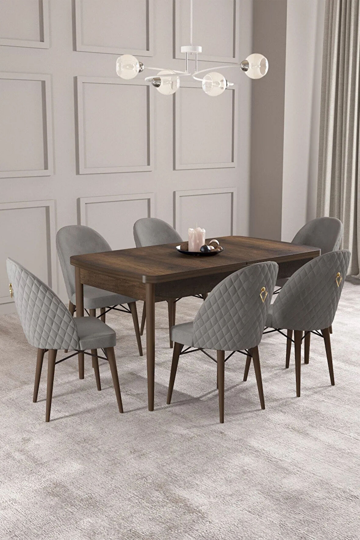 Calvin Barok Desen 80x132 MDF Açılabilir Mutfak Masası Takımı 6  Sandalye