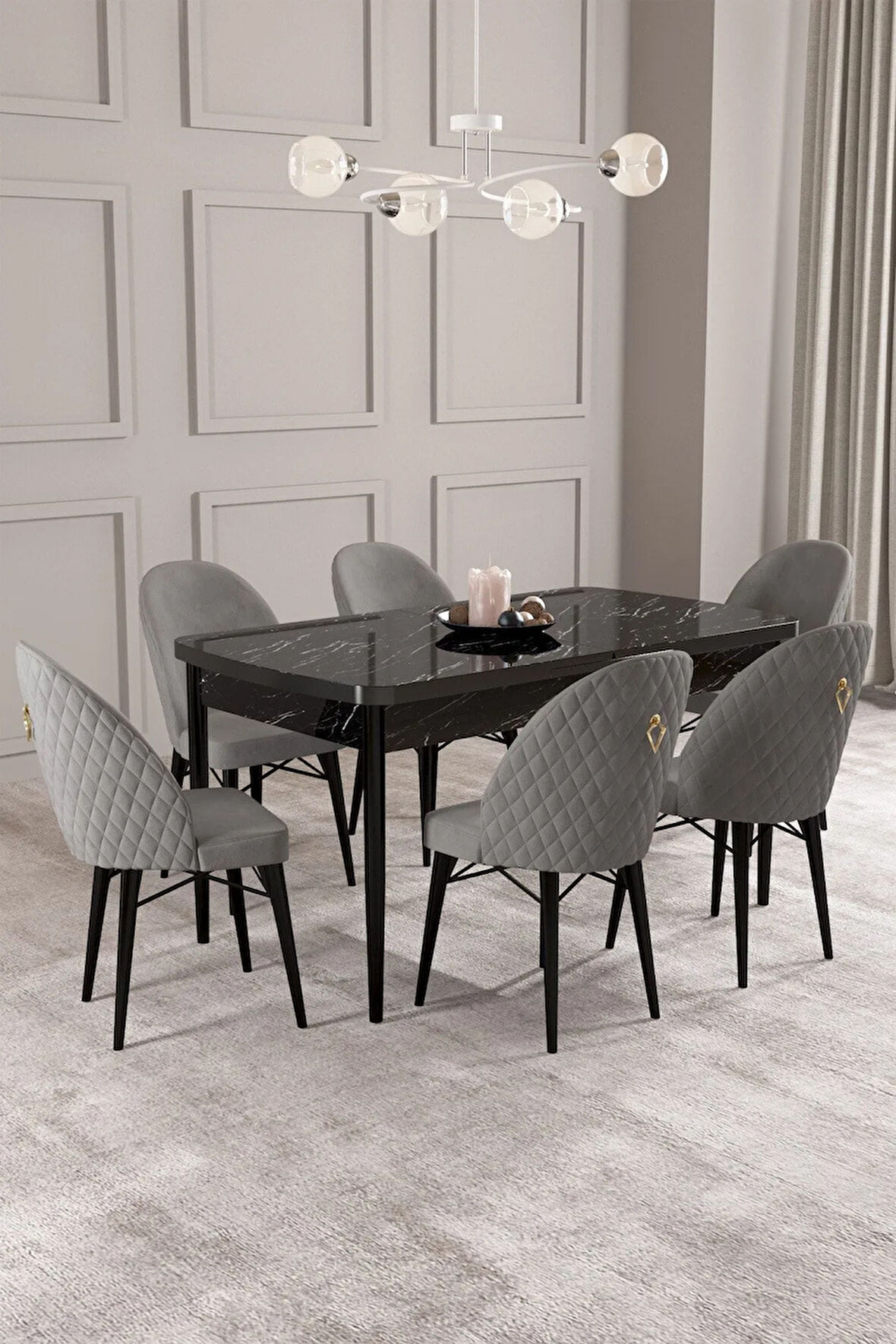 Calvin Siyah Mermer Desen 80x132 MDF Açılabilir Mutfak Masası Takımı 6  Sandalye
