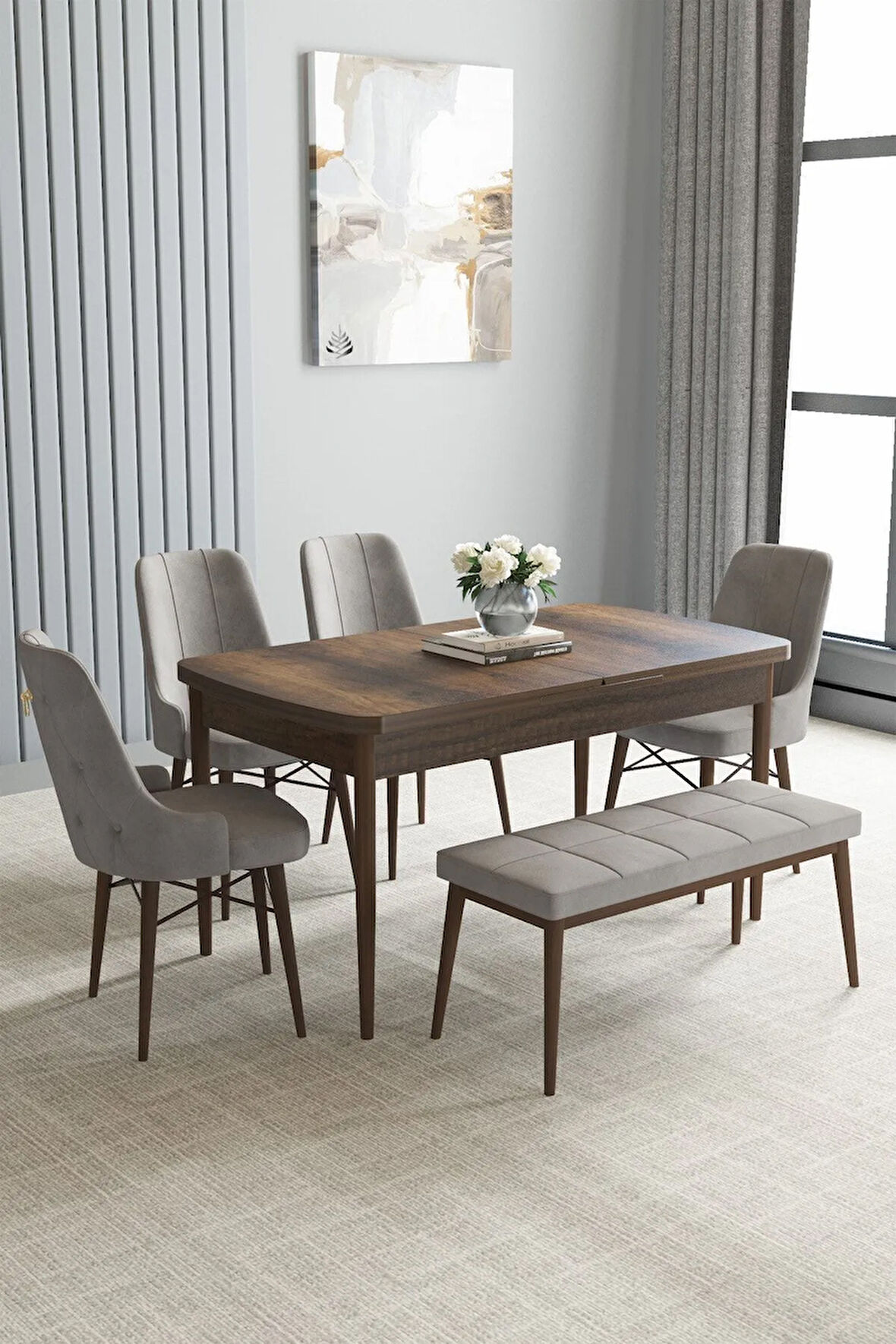 Jusie Barok Desen 80x132 Açılabilir Mutfak Masası Takımı 6  Sandalye