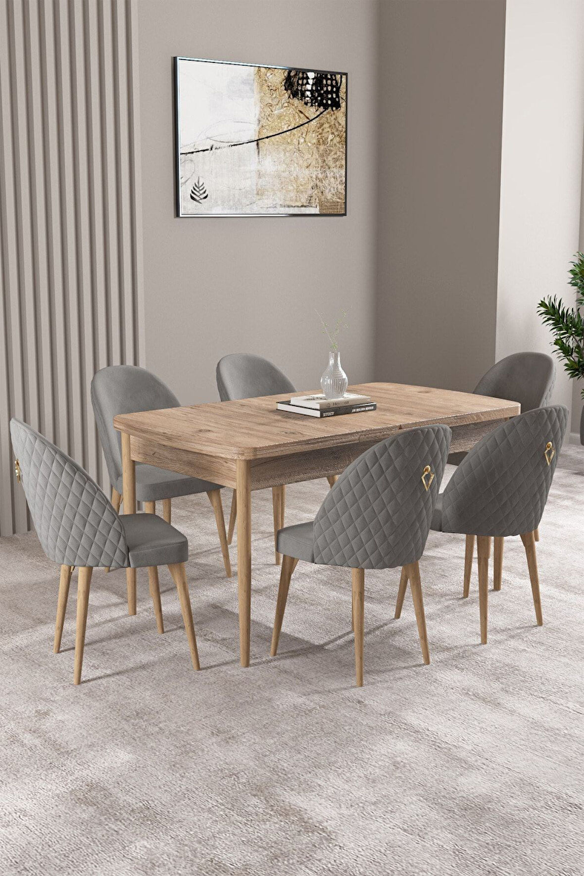 Milas Atlantik Çam 80x132 Açılabilir Mdf Masa Yemek Odası Takımı, Mutfak Takımı 6 Adet Sandalye