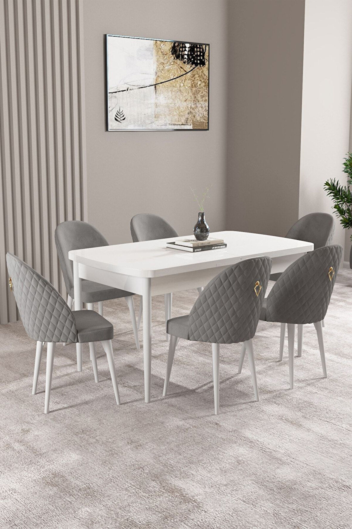 Milas Beyaz 80x132 Açılabilir Mdf Masa Yemek Odası Takımı, Mutfak Takımı 6 Adet Sandalye