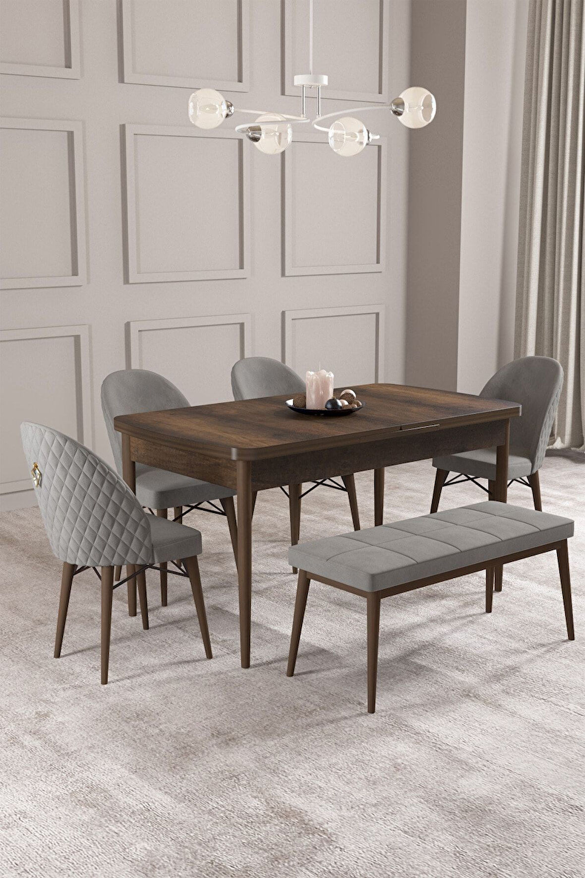 Calvin Barok 80x132 Açılabilir Mdf Masa Yemek Odası Takımı, Mutfak Takımı 4 Sandalye, 1 Bench