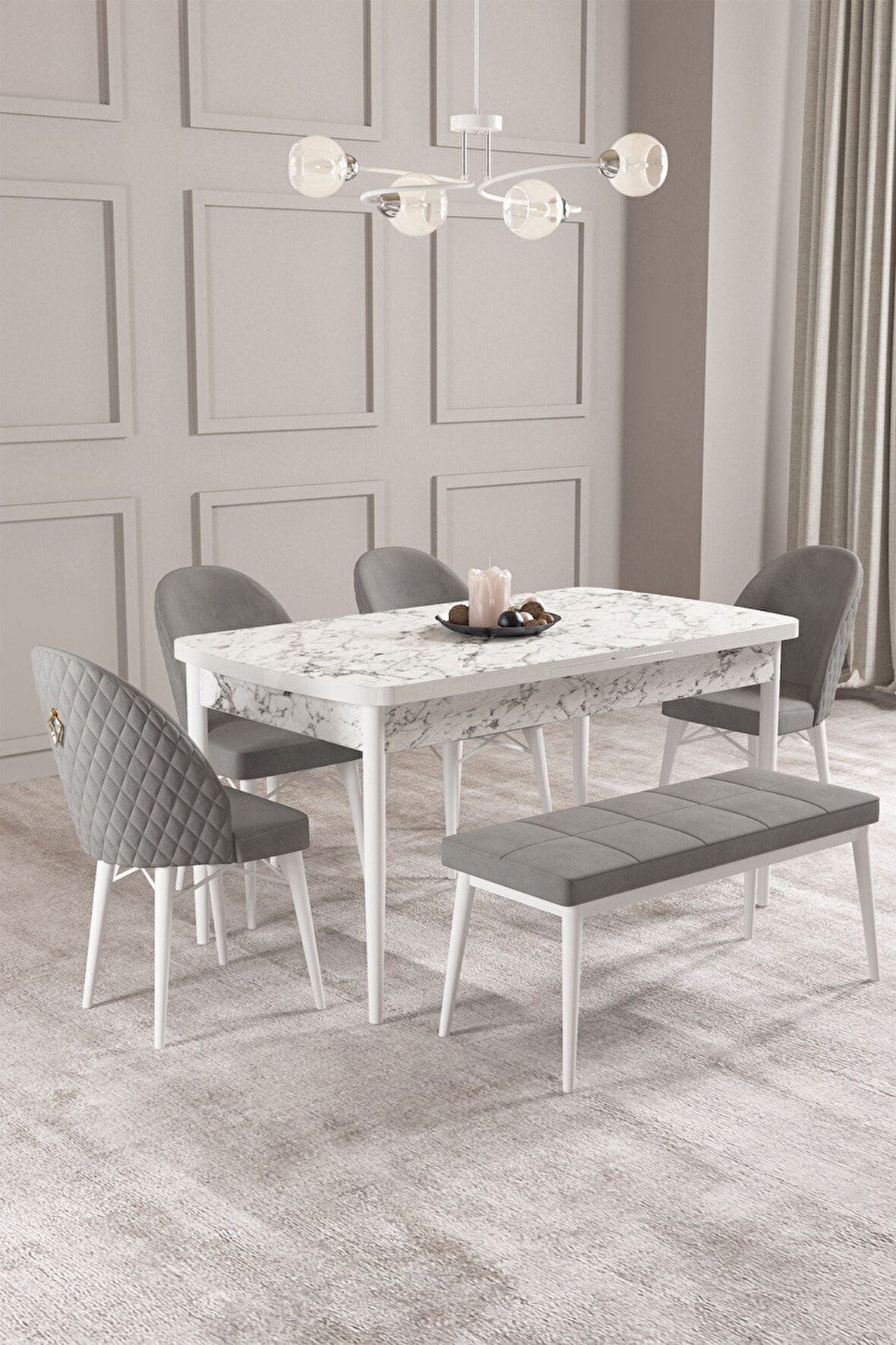 Calvin Beyaz Mermer 80x132 Açılabilir Mdf Masa Yemek Odası Takımı, Mutfak Takımı 4 Sandalye, 1 Bnch 