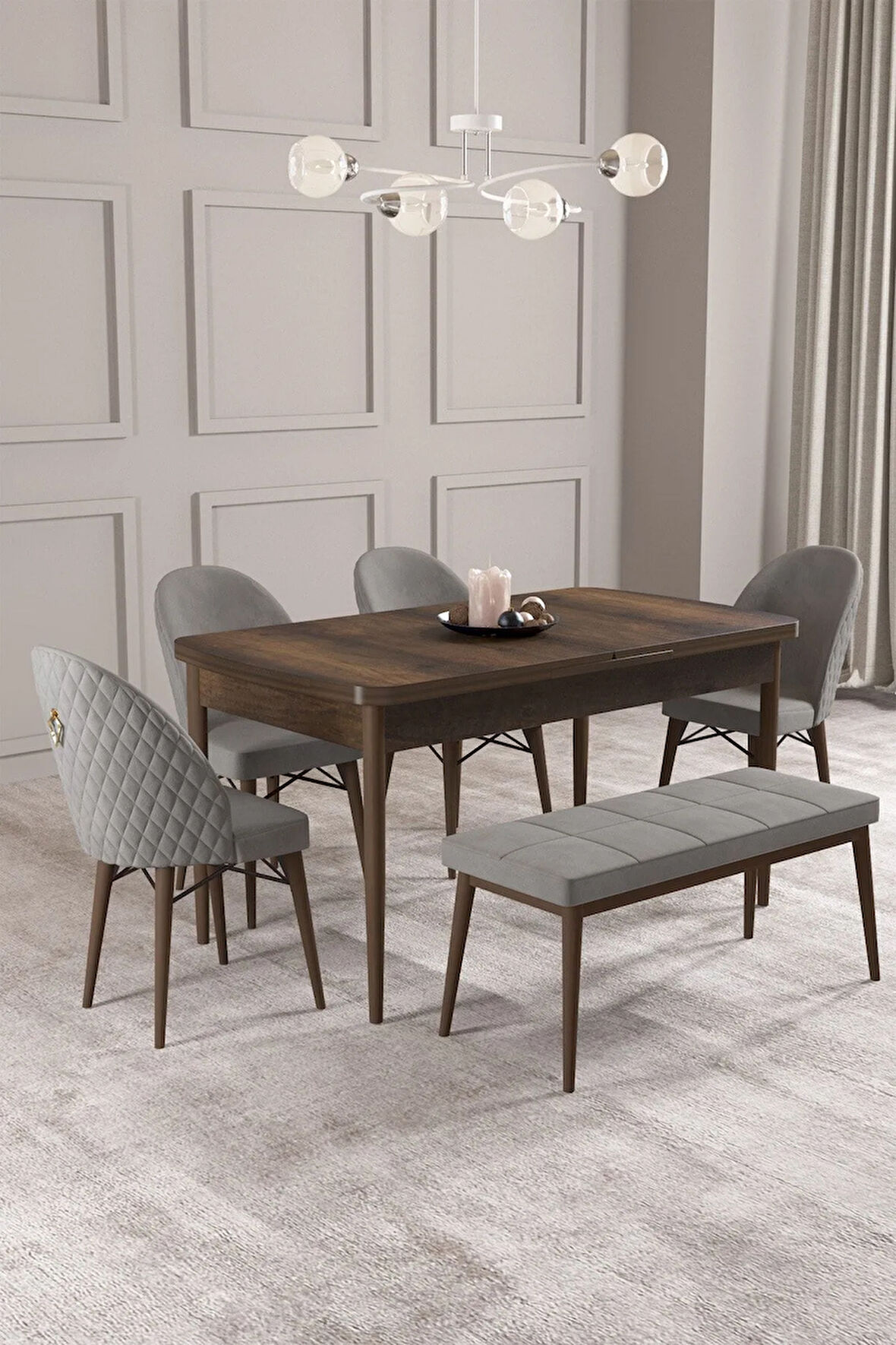 Calvin Barok Desen 80x132 MDF Açılabilir Mutfak Masası Takımı 4 Sandalye, 1 Bench