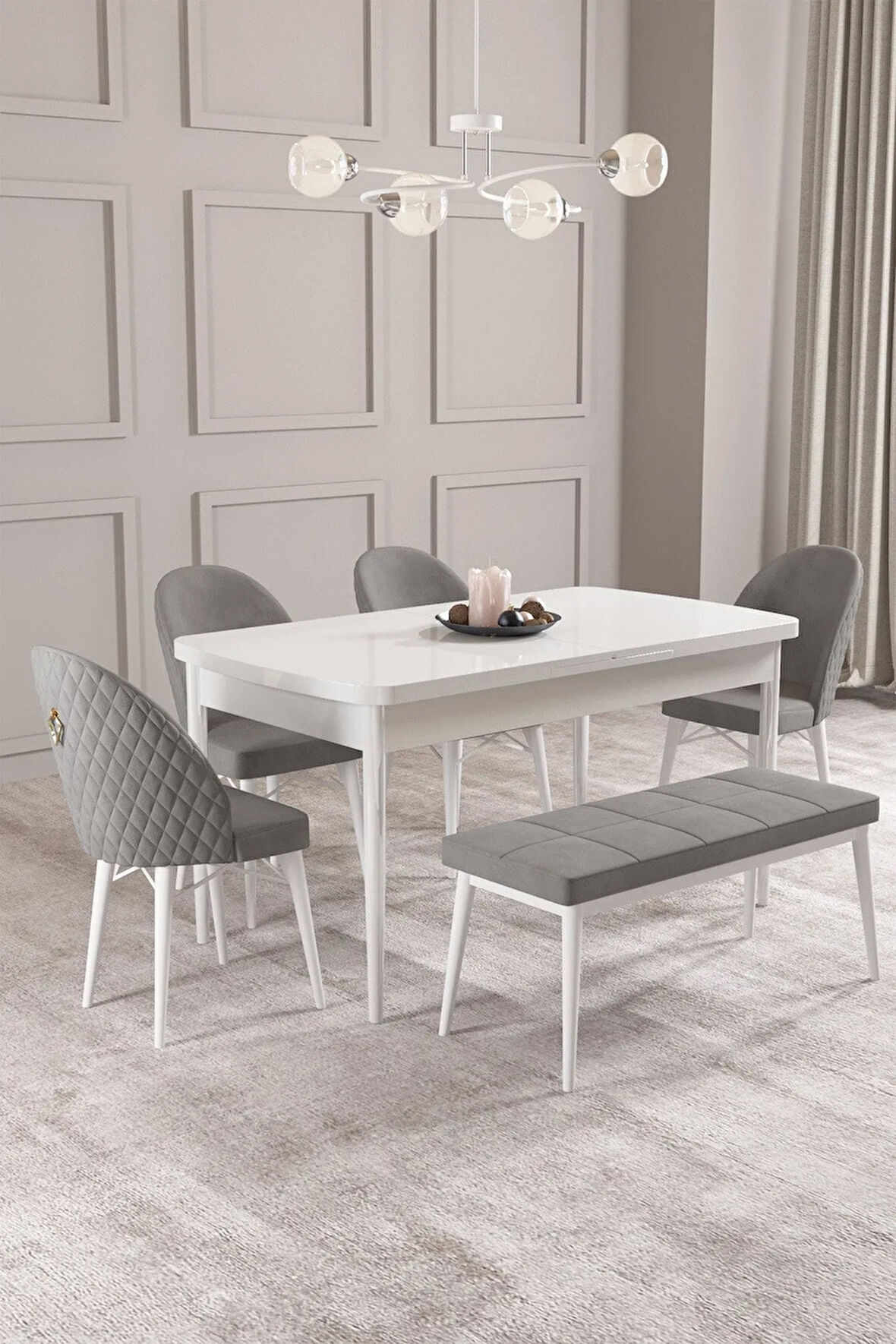 Calvin Beyaz 80x132 MDF Açılabilir Mutfak Masası Takımı 4 Sandalye, 1 Bench